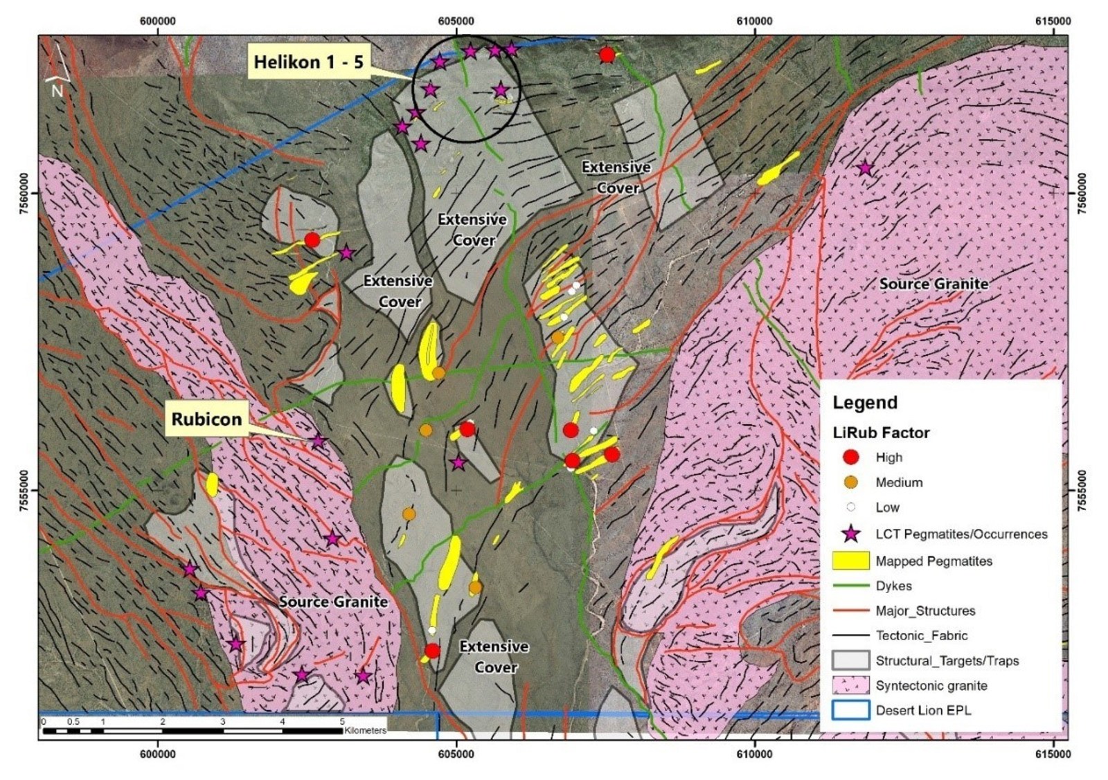 Figure 2: Map Showing Mapped Pegmatites and Results of LiRub Fraction Index