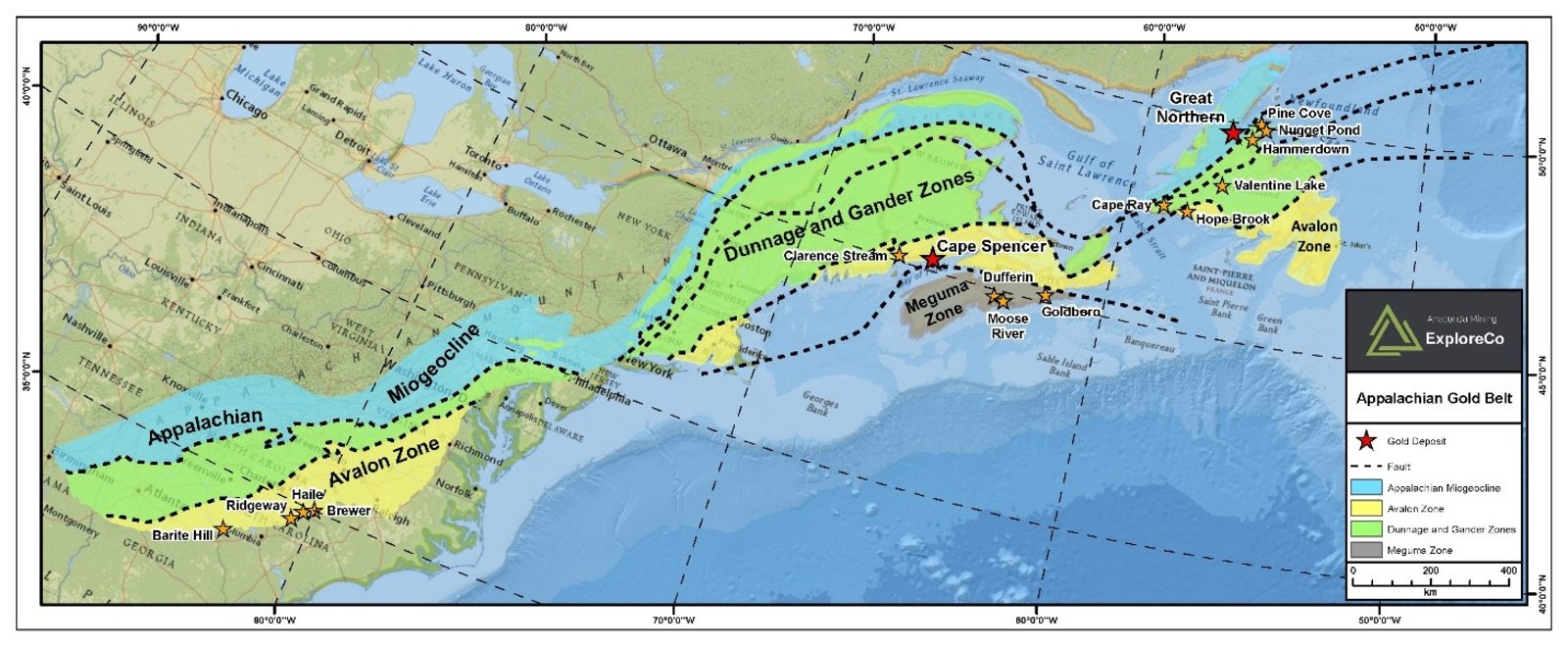 Exhibit C. Major gold deposits and geological domains of the North American Appalachians, including the Cape Spencer and the Great Northern Projects