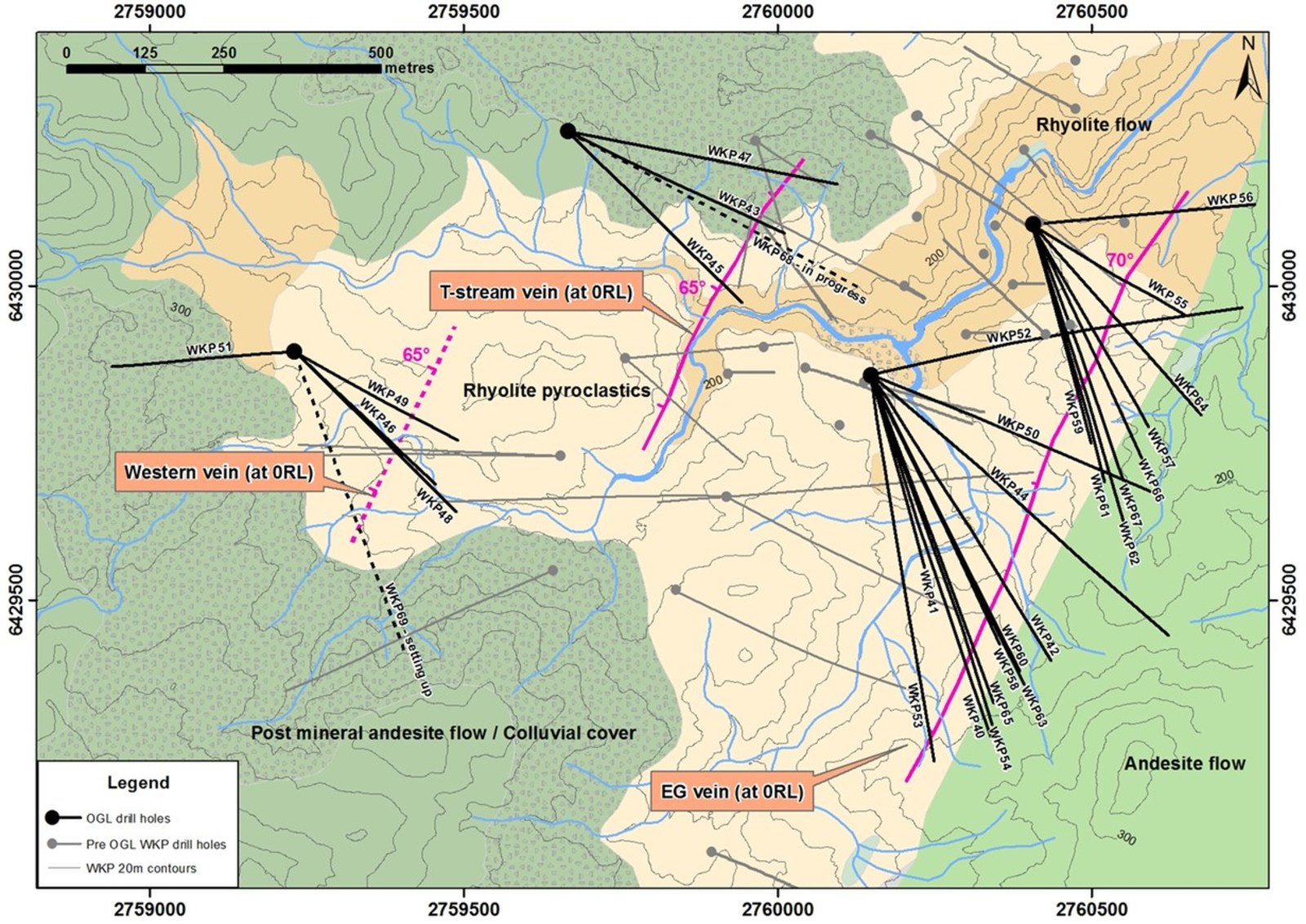 Figure 1: Plan View of geology and distribution of known veins at WKP