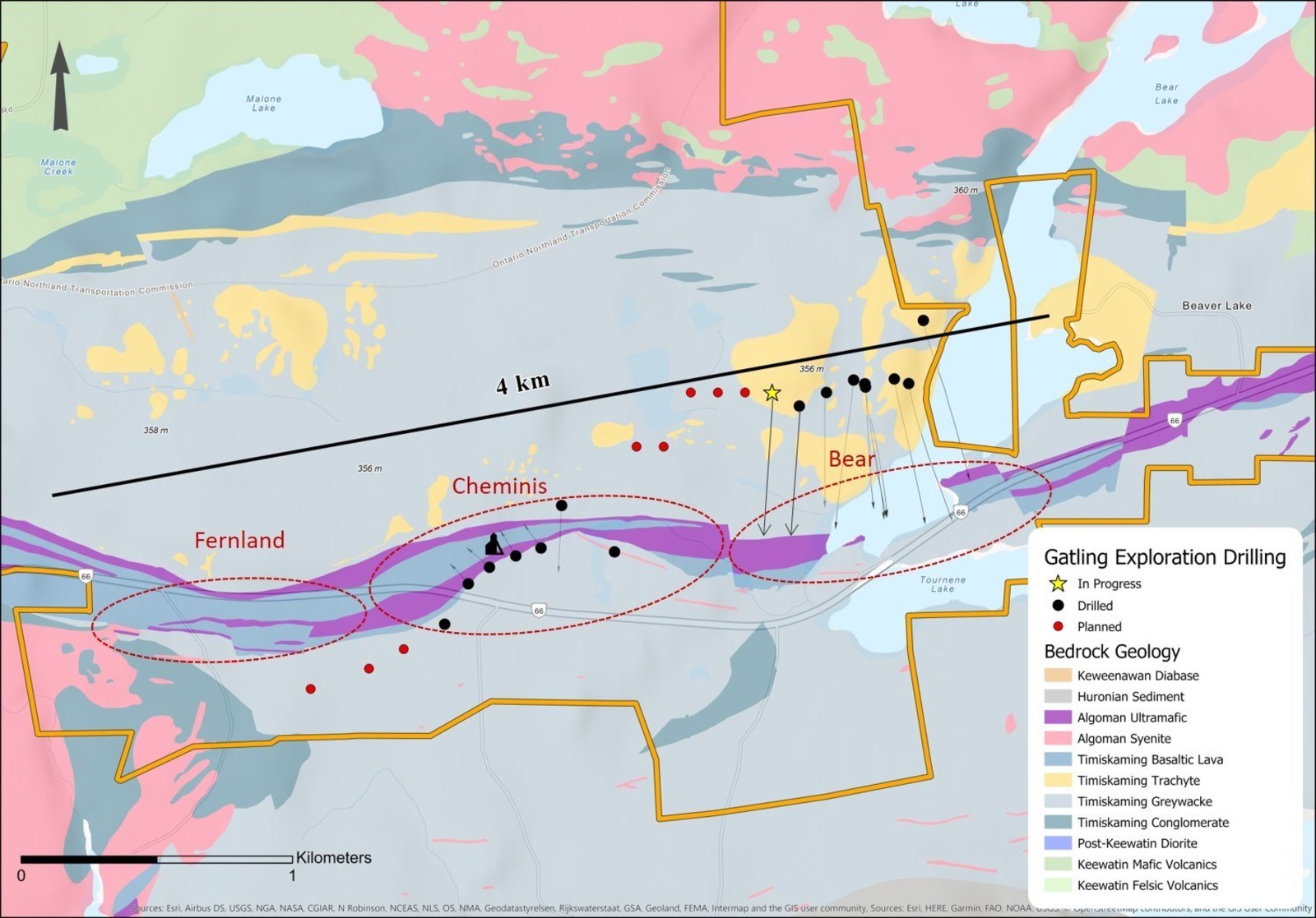 Figure 3. Larder Gold Project surface drilling status map showing local geology