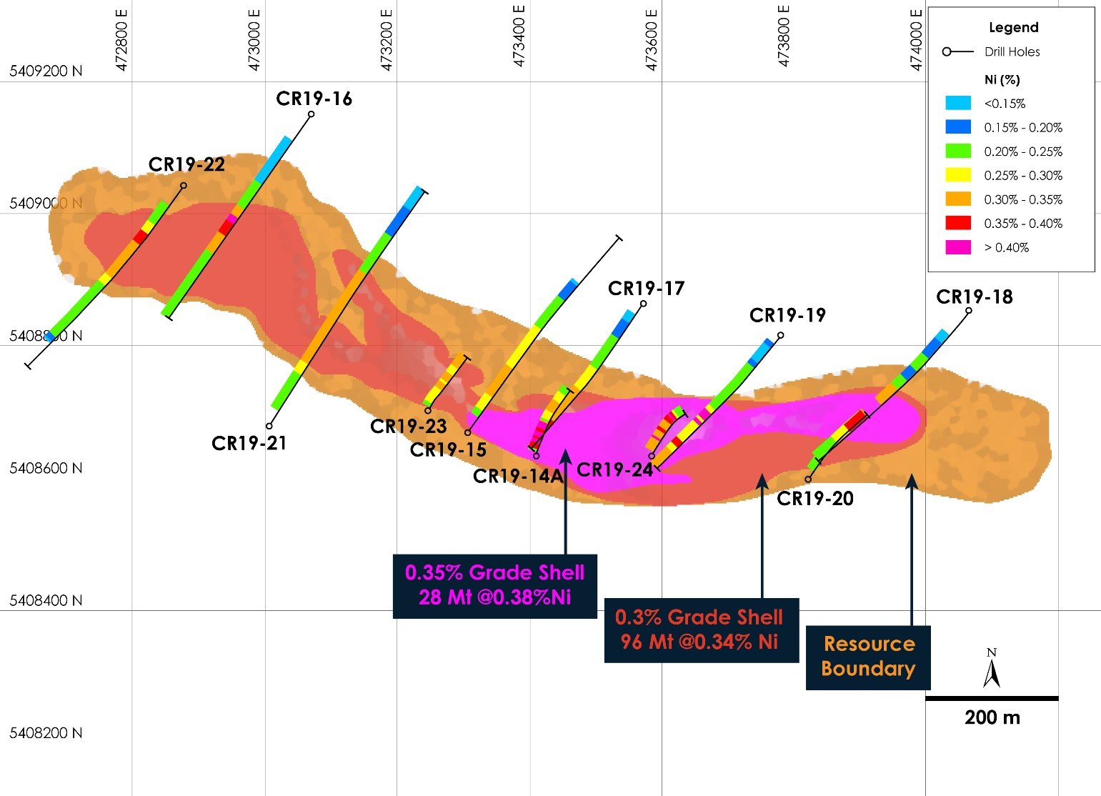 Figure 2 – Crawford Nickel-Cobalt Sulphide Project, Mineral Resource model showing Higher Grade Zone (orange) enveloping two grade shells of higher nickel grade (red and purple). (CNW Group/Canada Nickel Company Inc.)