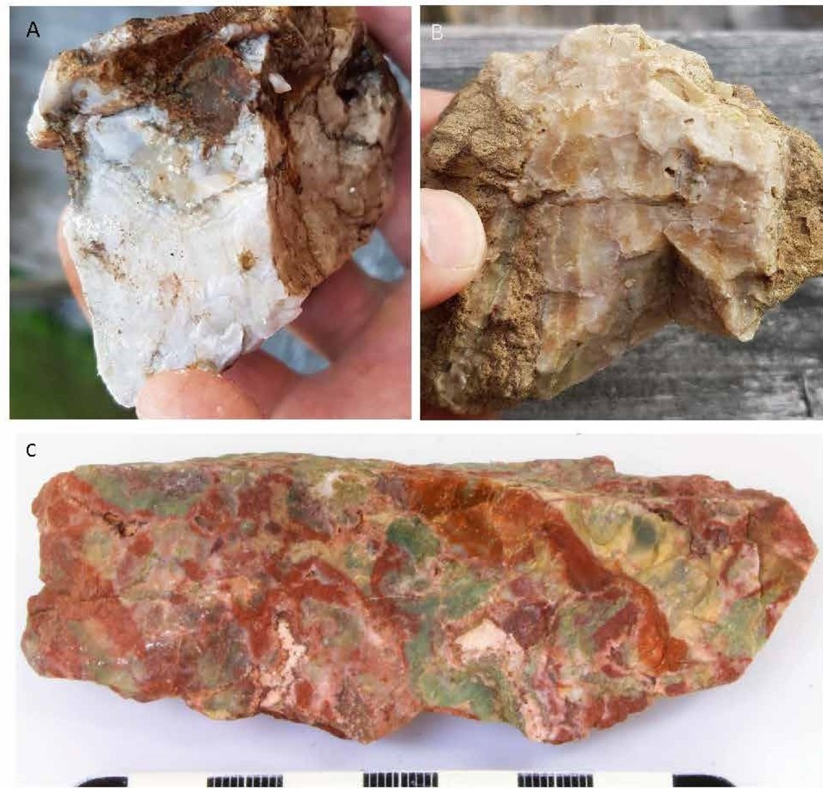 A Colloform banded quartz vein, B Crustiform banded quartz vein, C Brecciated, colloform chalcedonic quartz with jasper veins