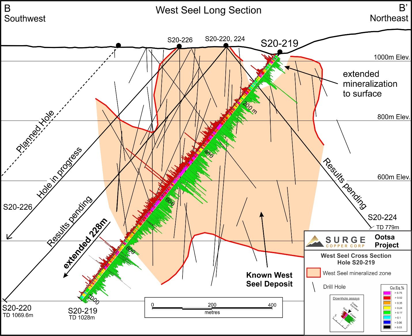 Figure 2: West Seel Long Section Showing Hole S20-219 (CNW Group/Surge Copper Corp.)