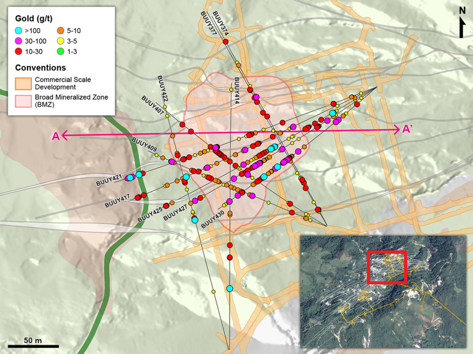 Figure 1 – Plan View of Drilling in BMZ1 and Other Vein in the Yaraguá System