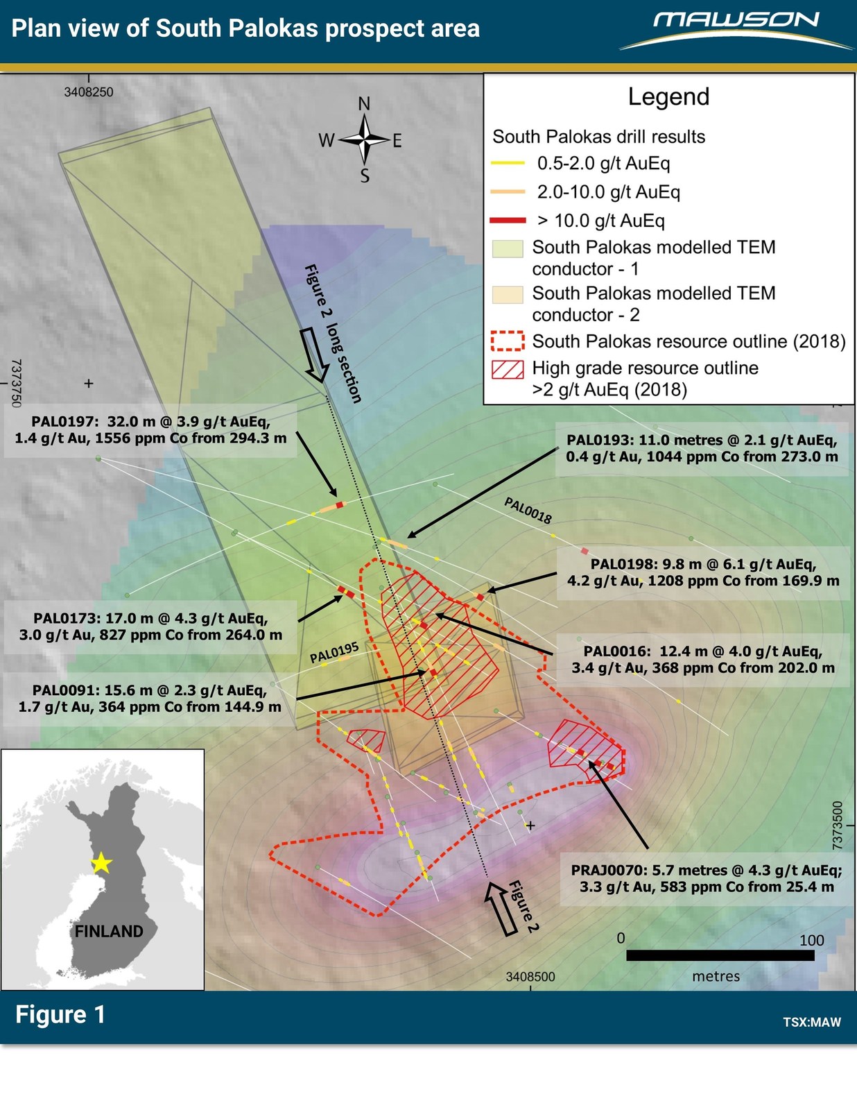 Figure 1: Plan of South Palokas prospect area indicating drill results, the outline of 43-101 resource, modelled ground TEM plates over Lidar background with superimposed mise-á-la-masse contours. For more detailed location information, refer to press release of April 23, 2019. Note that Figure 3 is essentially a view down onto the plane of the northwest dipping TEM conductors.