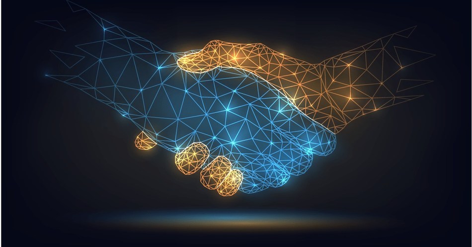 Two hands created from technology polygons, shake.