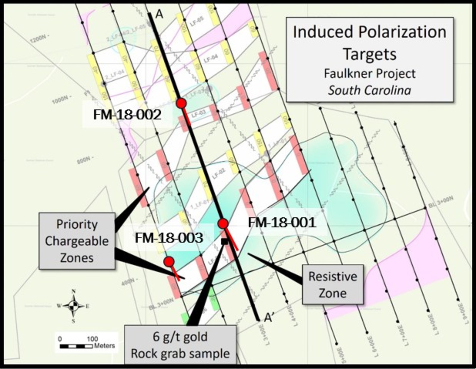 Figure 2. Faulkner Drillholes shown with chargeability trends from 2018 Induced Polarization inversion model