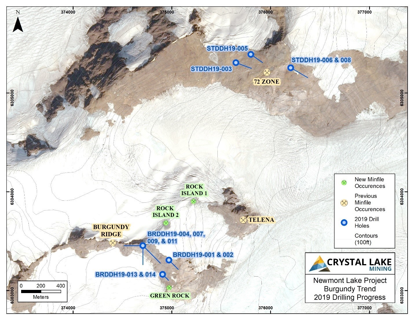 Figure 2: Map illustrating locations of 2019 drilling along the NE-SW oriented Burgundy Trend with diamond drill hole STDDH19-006 to the northeast. See figure one for detailed geological map of the 72’ Zone. (CNW Group/Crystal Lake Mining Corporation)