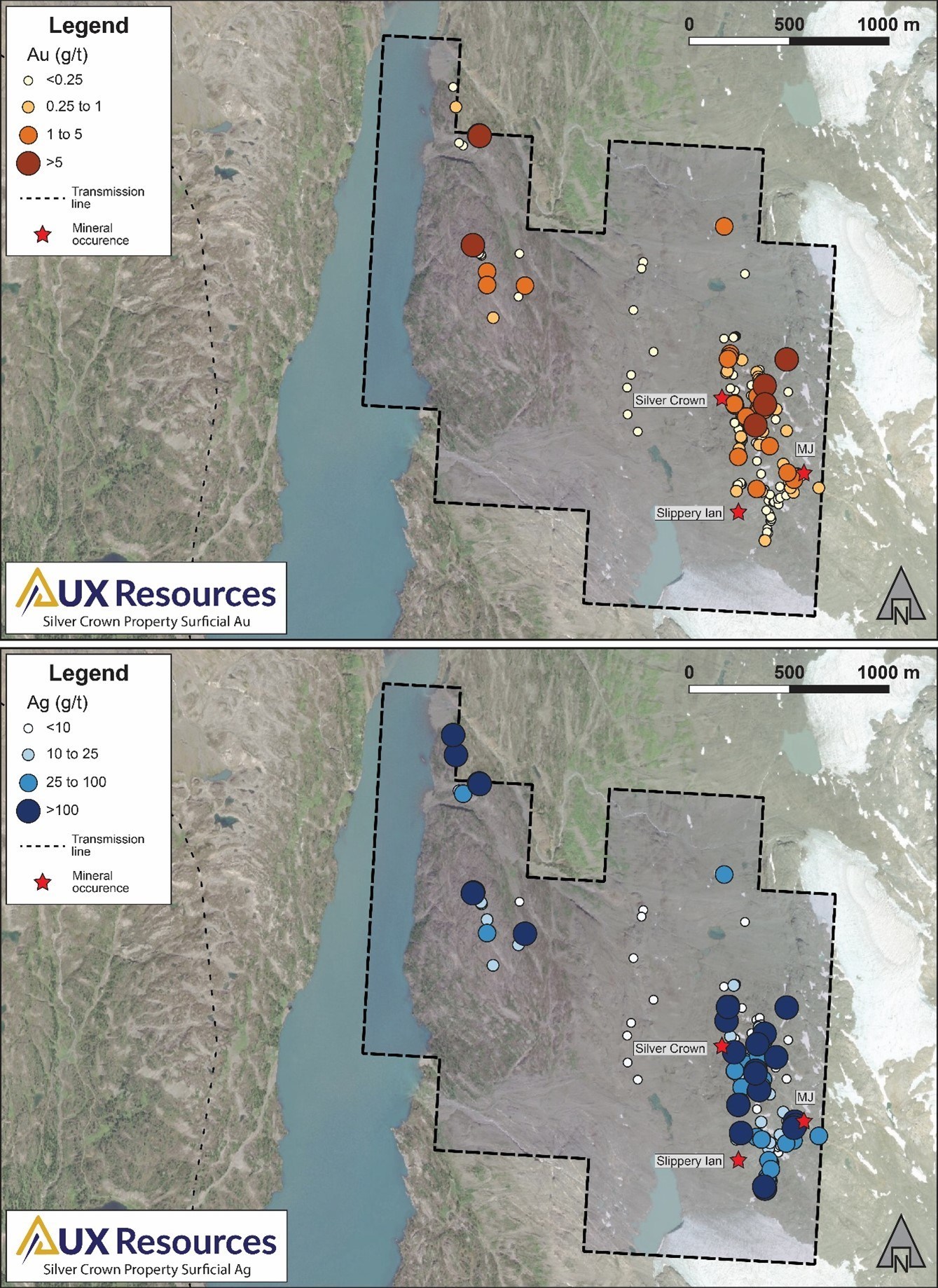 Figure 3. Silver Crown – gold and silver values from all samples collected in 2019 and 2020. (CNW Group/AUX Resources Corporation)