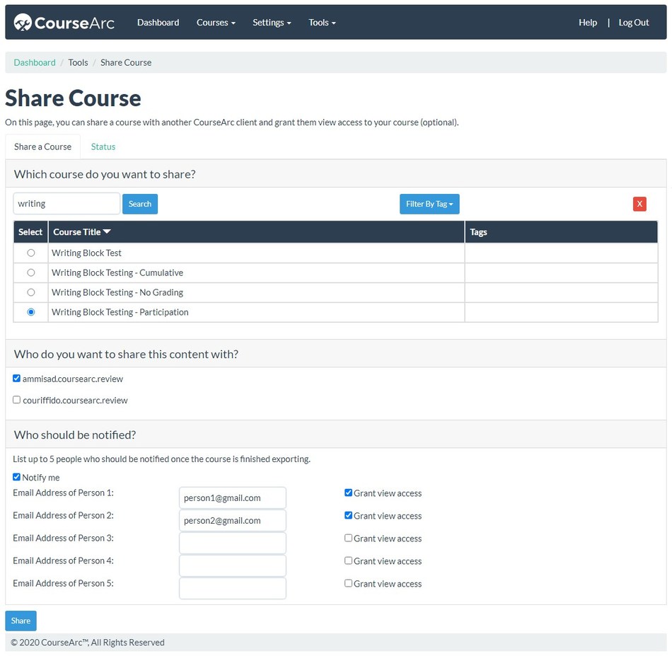 An example of how the sharing tool in CourseArc works.