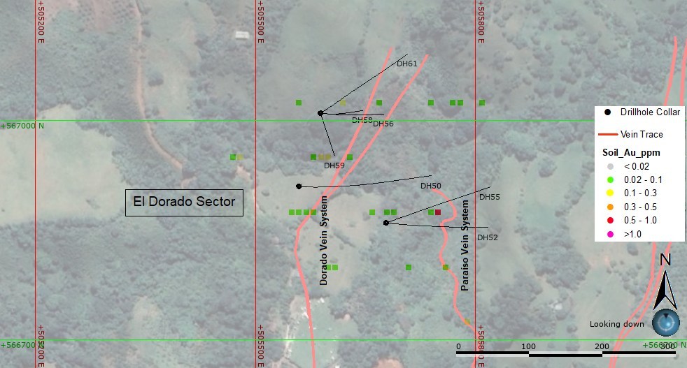 Map 2: Drill hole locations and projections in El Dorado Target Area. Assays are reported in Table 1 above. The target area includes the high-angle Dorado vein package and the low and Paraiso low angle veins. The respective veins probably intersect at depth. (CNW Group/Outcrop Gold Corp.)