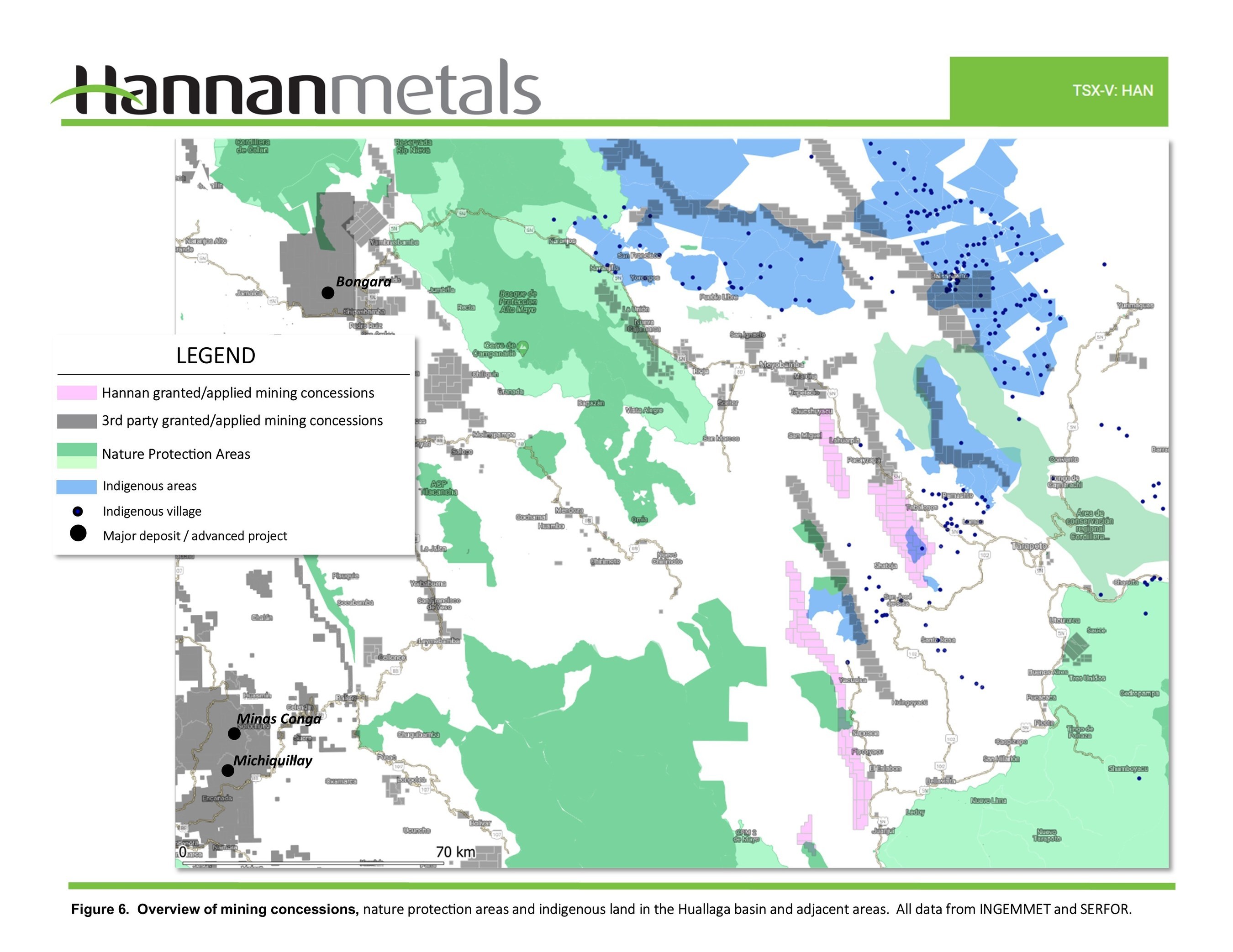 Figure 6: Overview of mining concessions, nature protection areas and indigenous land in the Huallaga basin and adjacent areas. (CNW Group/Hannan Metals Ltd.)
