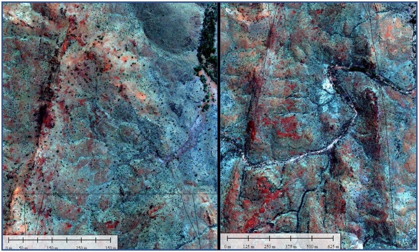 Figure 6. “Tip of the Spear”. Mount Roe Basalt showing resistant, steep edges. Further down the 10 km spearhead, the Mount Roe silicified edges are still prominent. Note the drainage dissection winding across the spear. This will assist stratigraphic sampling at surface.