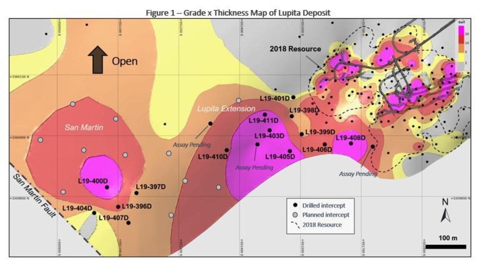 Figure 1 – Grade x Thickness Map of Lupita Deposit