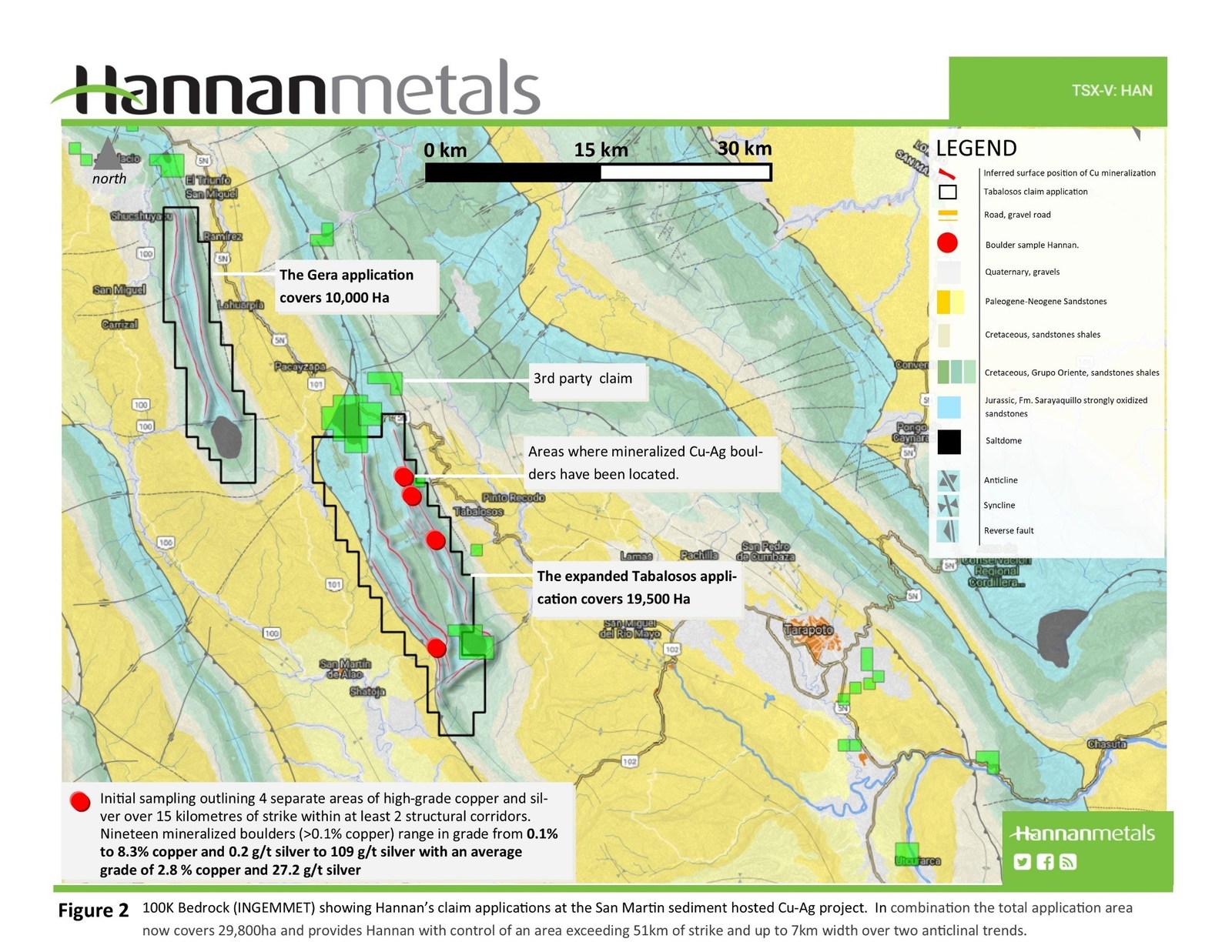 Figure 2 - 100K Bedrock showing Hannan's claim applications at the San Martin sediment hosted Cu-Ag project. In combination the total application area now covers 29,800ha and provides Hannan with control of an area exceeding 51km of strike and up to 7km width over two anticlinal trends.