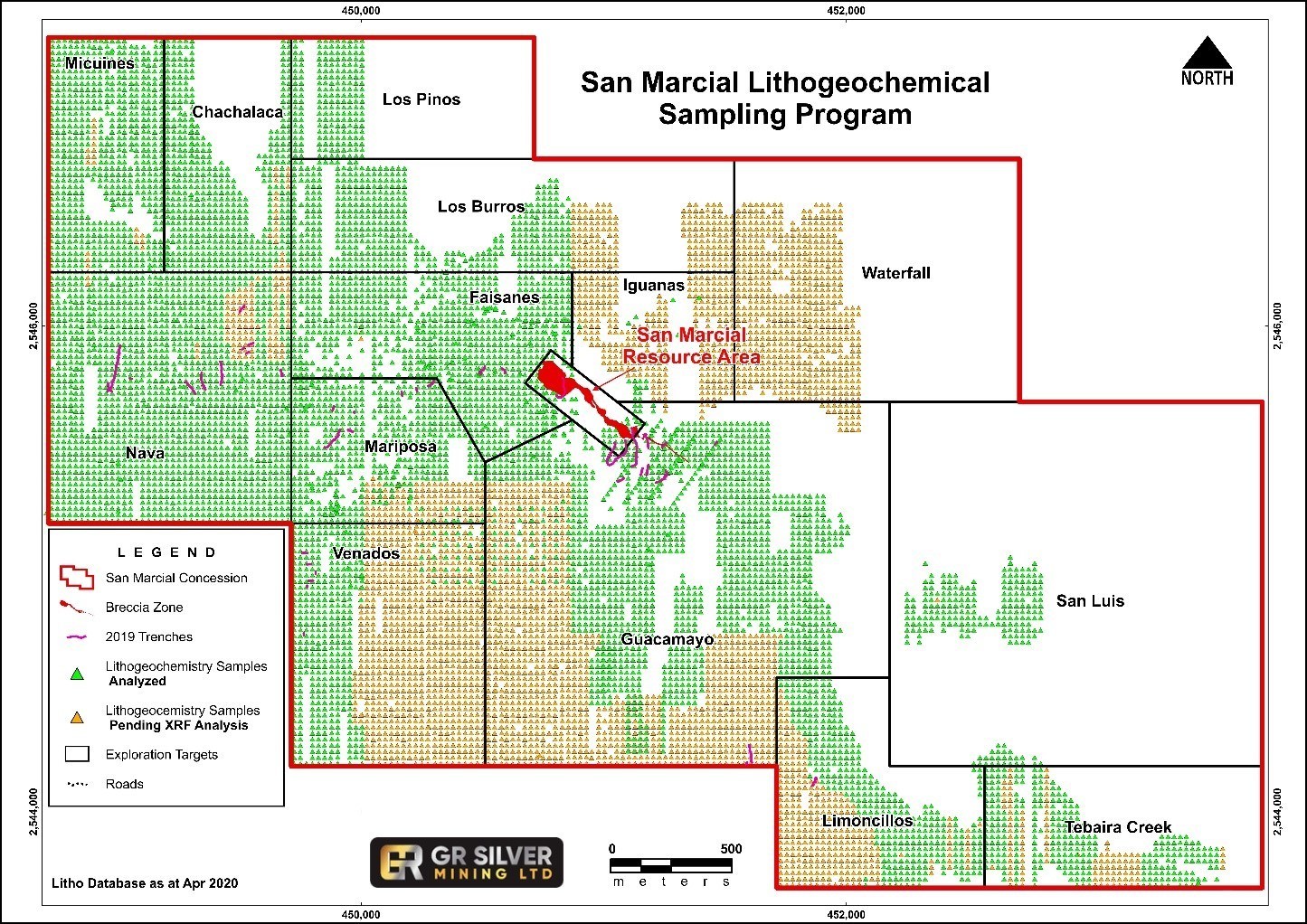 Figure 4: San Marcial Targets – Litho-geochemical Sampling Coverage and 2020 Drill Holes (CNW Group/GR Silver Mining Ltd.)