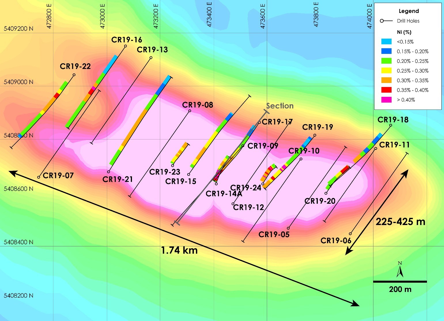 Figure 1b – Plan view of recent drilling overlain on total field magnetic intensity, Crawford Nickel-Cobalt Sulphide Project, Ontario. (CNW Group/Canada Nickel Company Inc.)