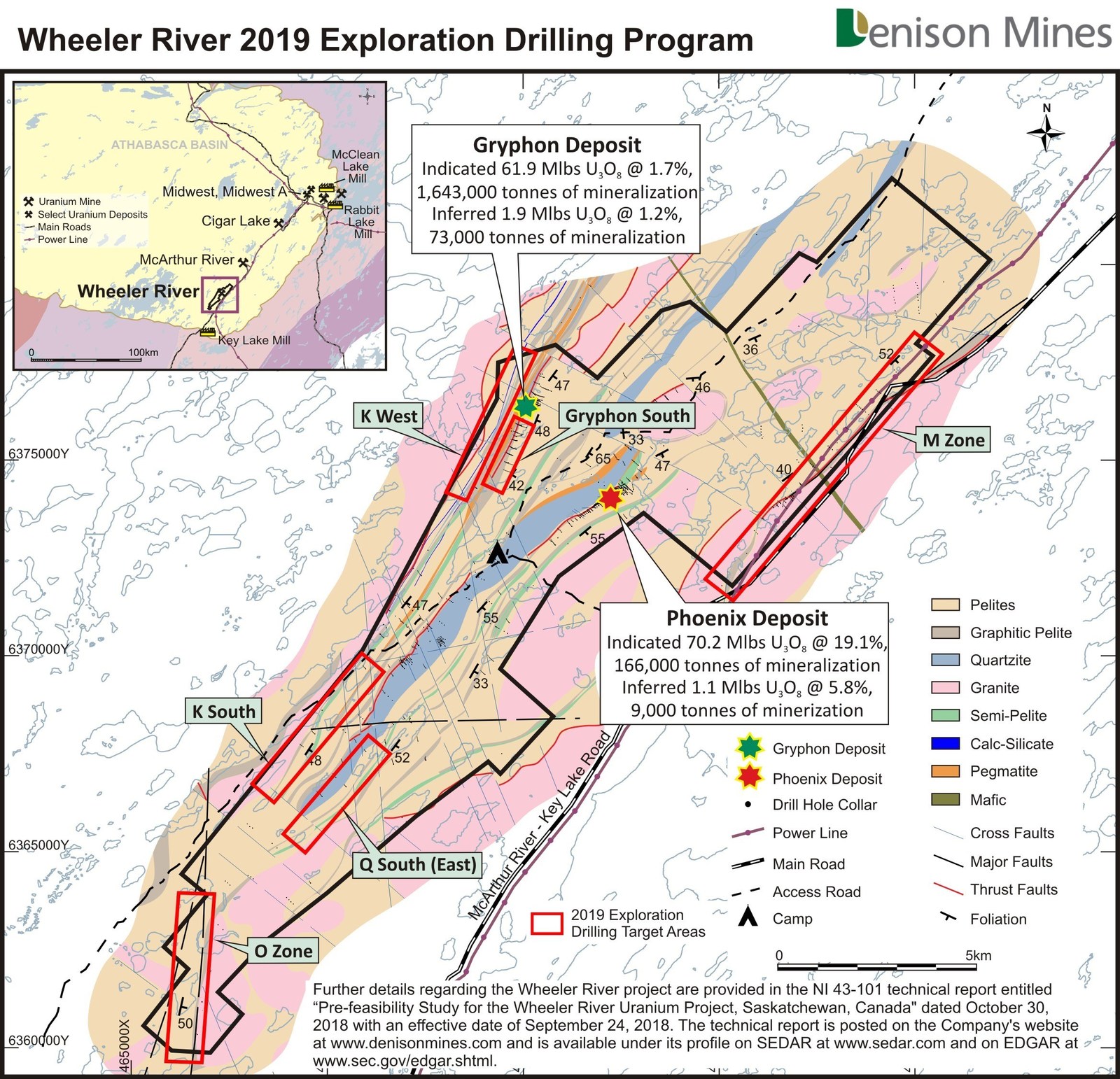 Figure 2: Location of the high priority regional target areas planned for exploration drill testing in 2019, 
shown on the Wheeler River basement geology map.