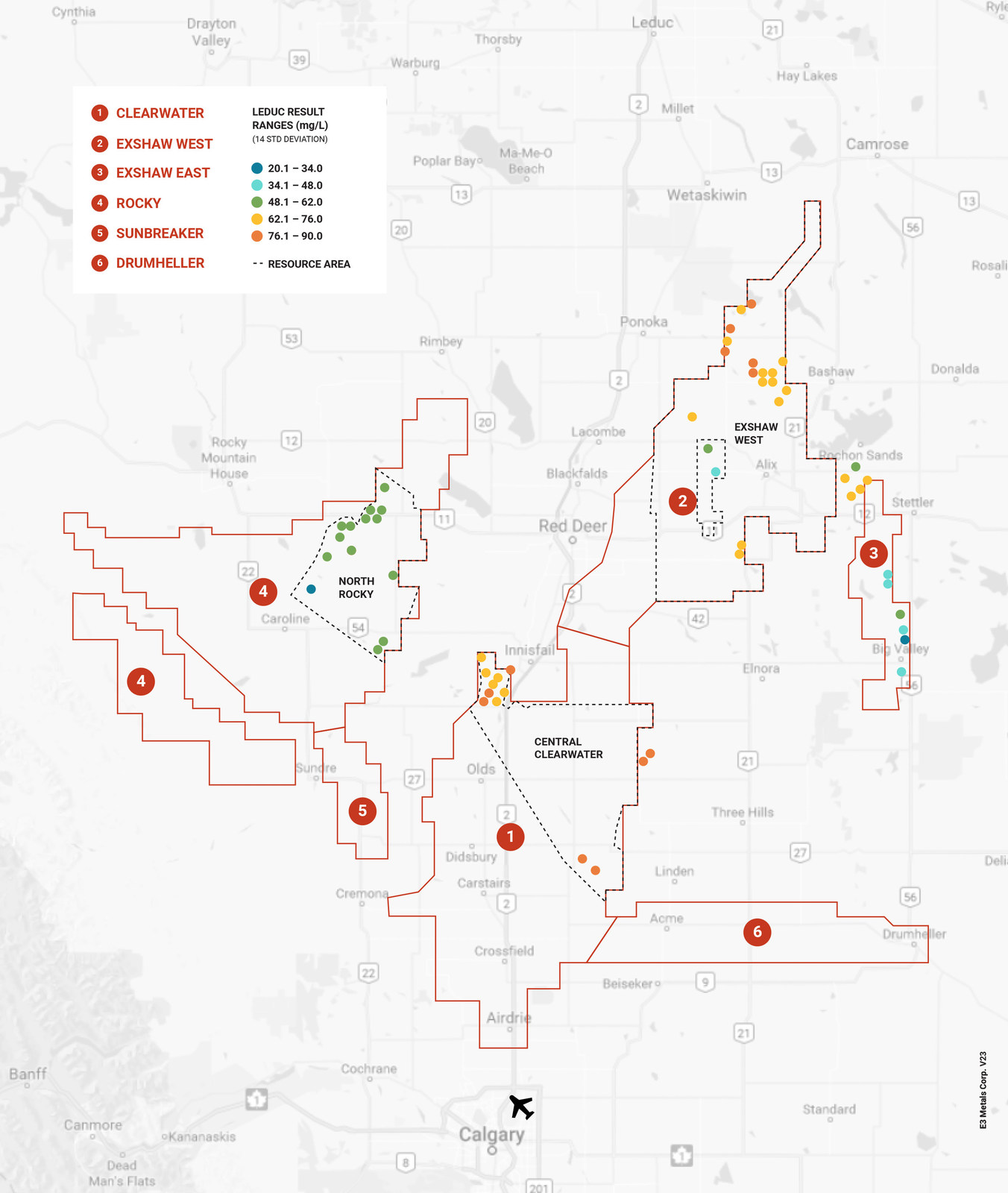 Figure 1 - Sampling results from 71 locations across E3 Metals' Leduc Reef permit area. EWRA is located in the northeast area of the map and is indicated by a dashed line.