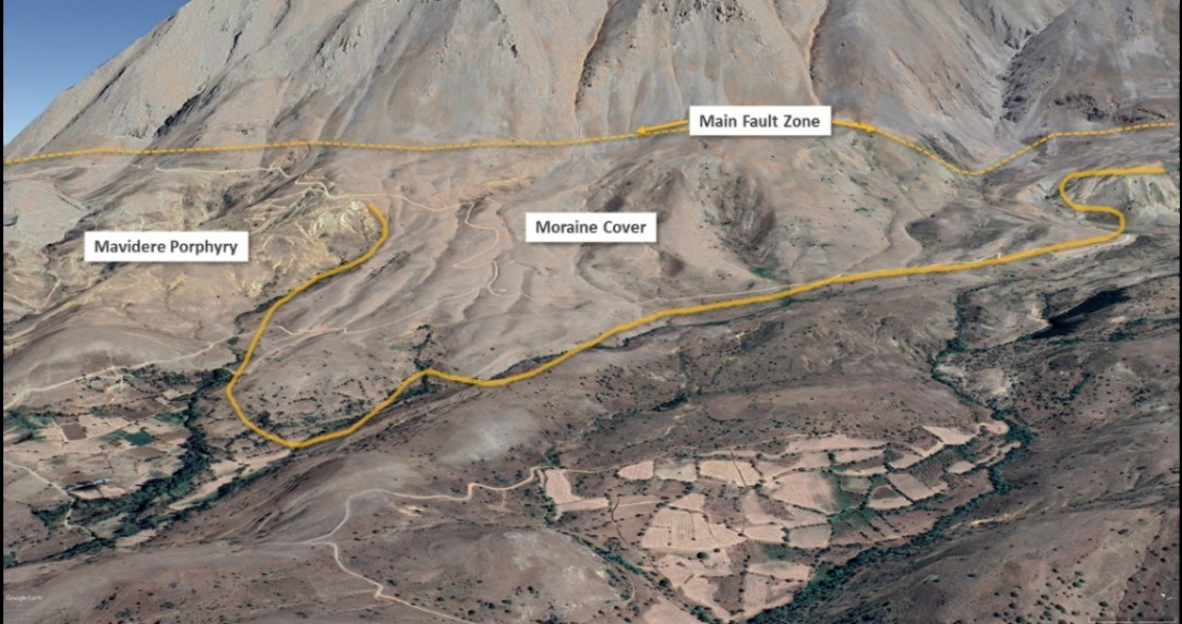 Figure 3. Mavidere (Looking NE), showing Porphyry-style alteration, moraine cover area to south and massive limestone in background. (CNW Group/Alacer Gold Corp.)