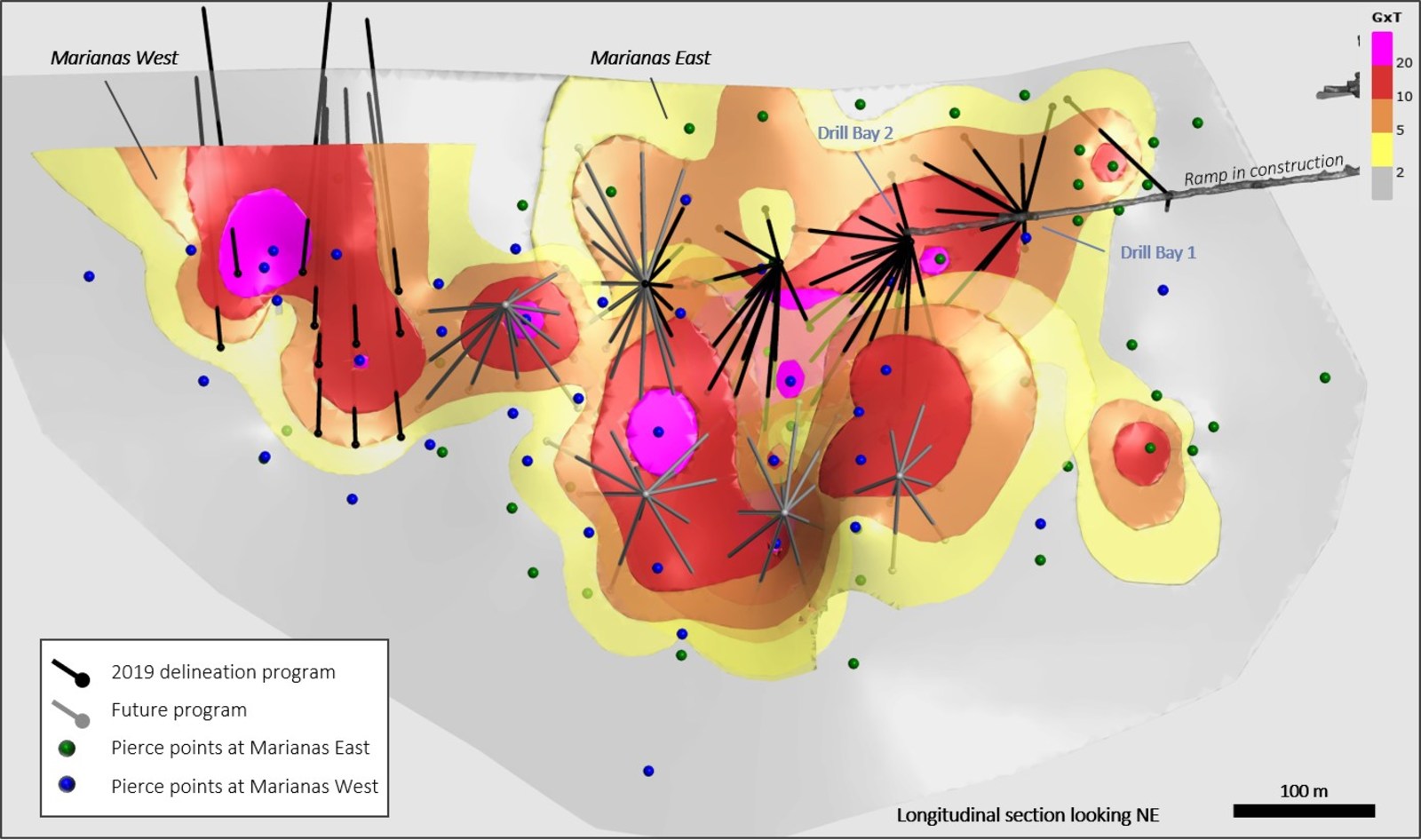 Figure 2 – Isometric view of the Mercedes trend showing the grade x thickness map for the Marianas Veins