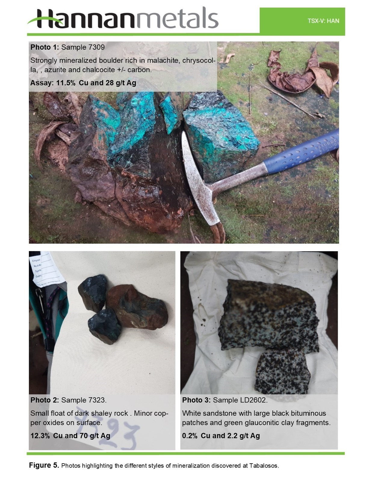 Figure 5. Photos highlighting the different styles of mineralization discovered at Tabalosos.