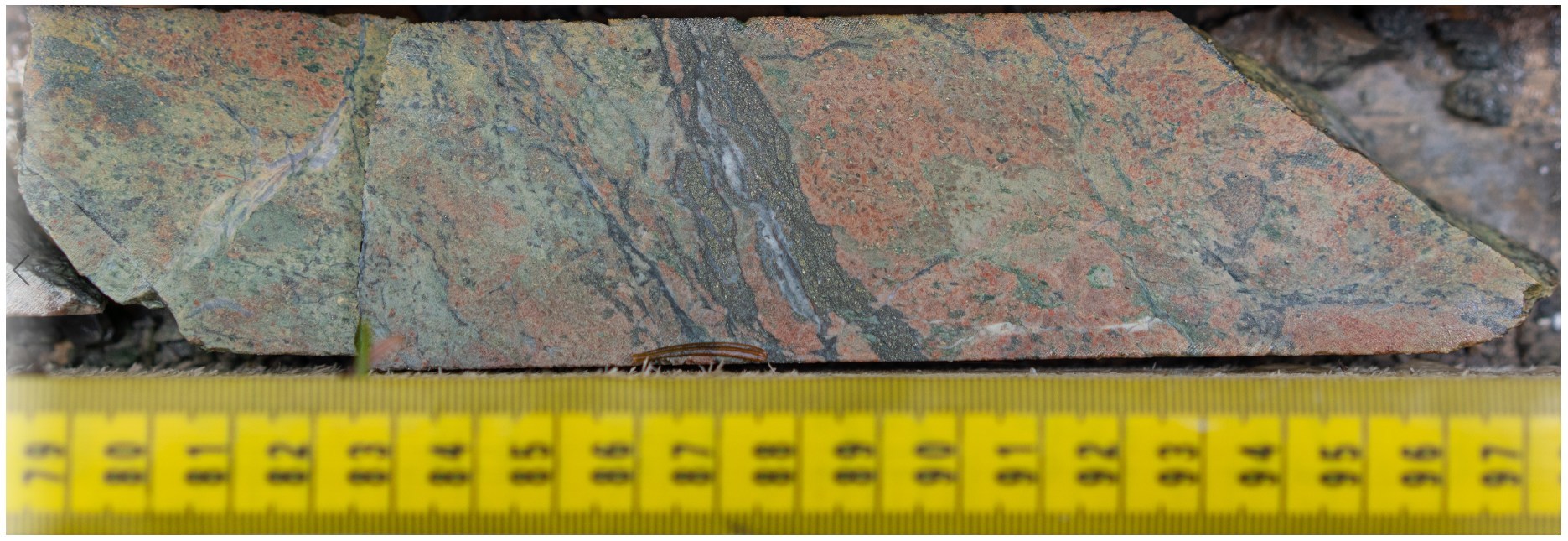 Figure 4: Example of widespread stock-work hosted and disseminated pyrite within a “phyllic” alteration assemblage ~600 metres from Figure 3. Phyllic alteration is an important alteration minerals signature often identified in large porphyry systems worldwide. (CNW Group/Crystal Lake Mining Corporation)