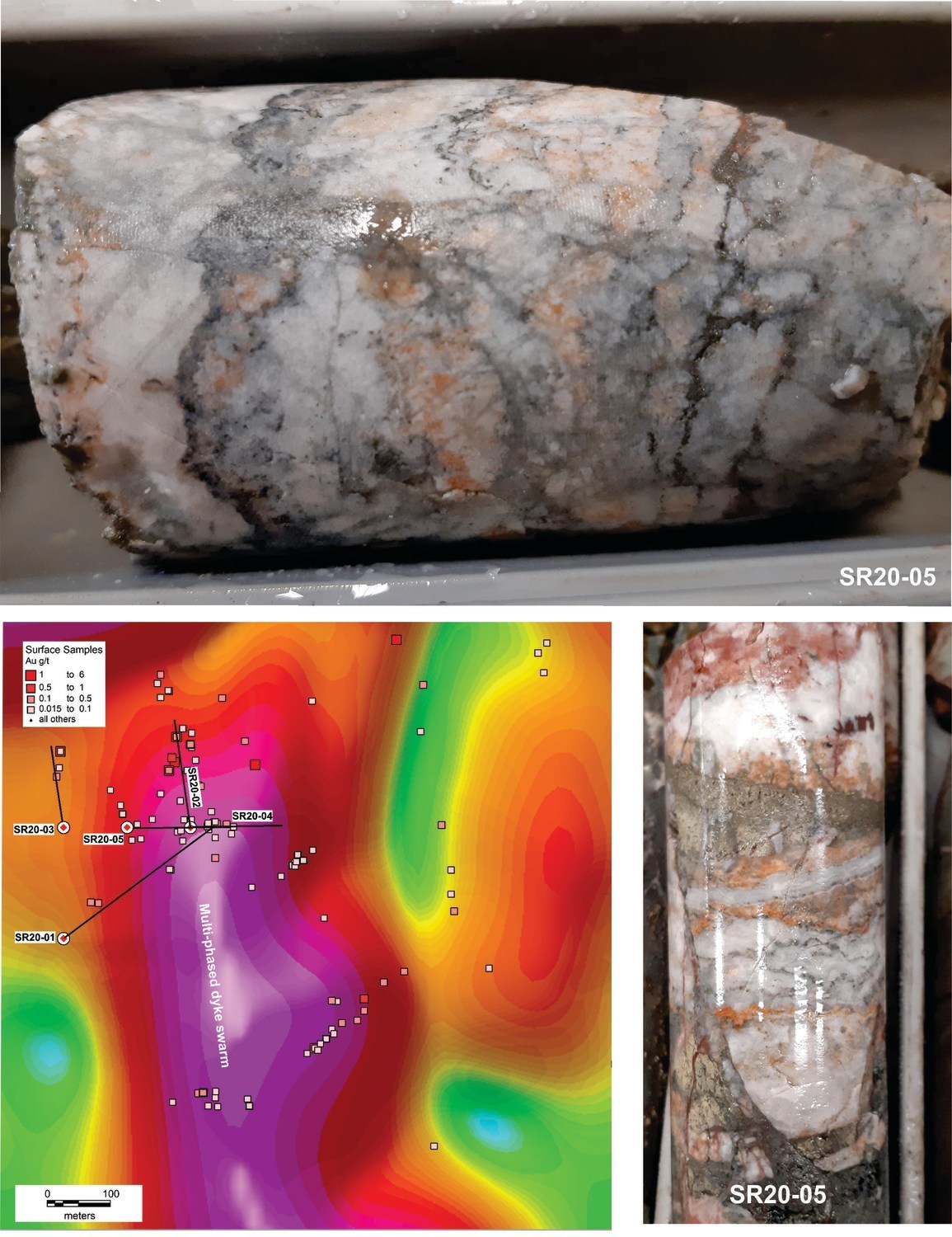 SR20-02: 39m: Colloform-crustiform banded quartz veining with ginguro bands and deformed pyrite on left hand side.
SR20-02: 78m: Quartz-adularia vein with dark ginguro bands 
SR20-02: 32m: Well banded colloform-crustiform-comb textured quartz with ginguro-like bands and pyrite.
SR20-02: 1m: Colloform-crustiform banded quartz with thick pyrite bands ginguro bands and grey silica
SR20-05a: Brecciated quartz-adularia vein with ginguro bands and pyrite and other grey minerals
SR20-05b: Quartz-adular (CNW Group/Northern Shield Resources Inc.)