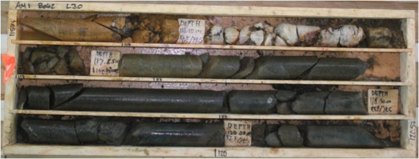 Aamurusko Main; Drillhole AM18042; 789.06 g/t Au over 2.9 m from 116.10 to 119.00;  1.1 m lost core in zone