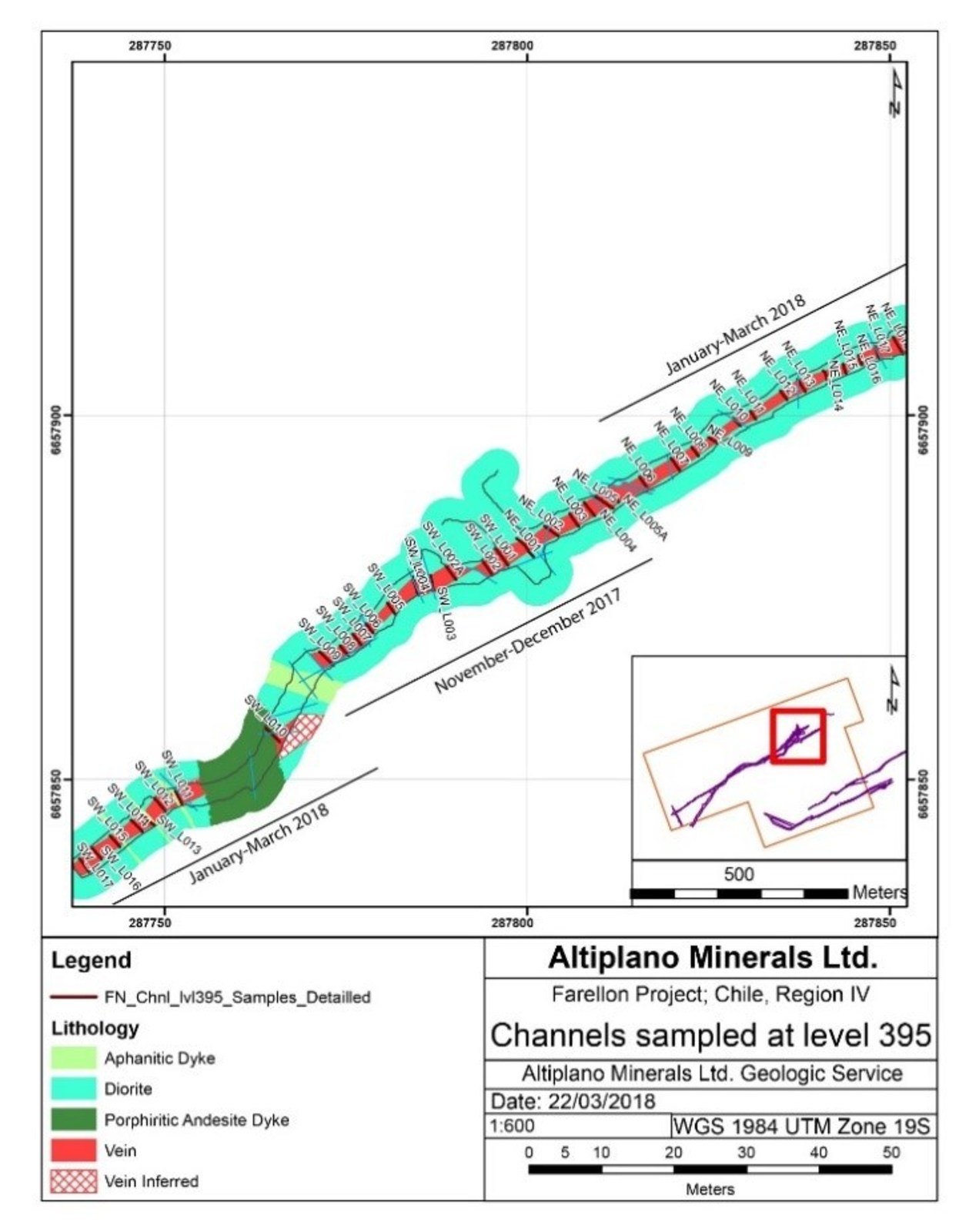 Figure 1: Location of Channel Sampling Lines and Cu-Fe-Au of Selected Grade-Width Results from 395M