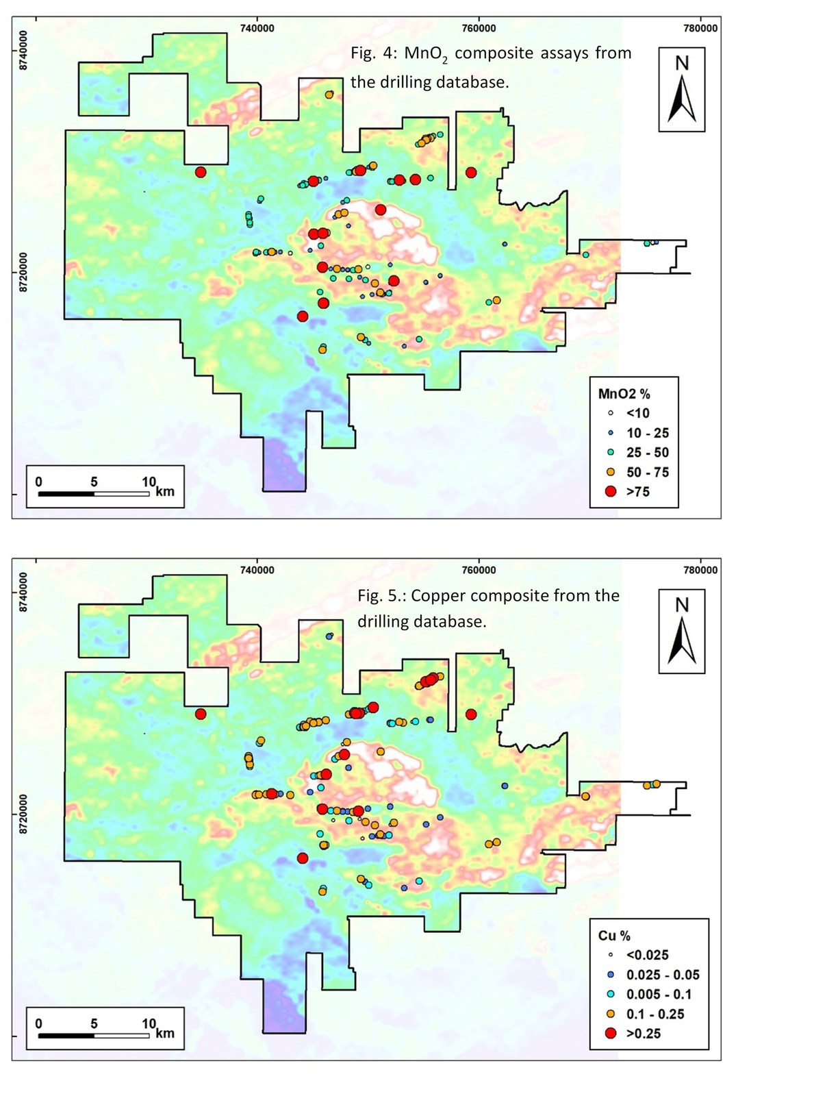Fig. 4: MnO composite assays from the drilling database.
Fig. 5.: Copper composite from the drilling database.