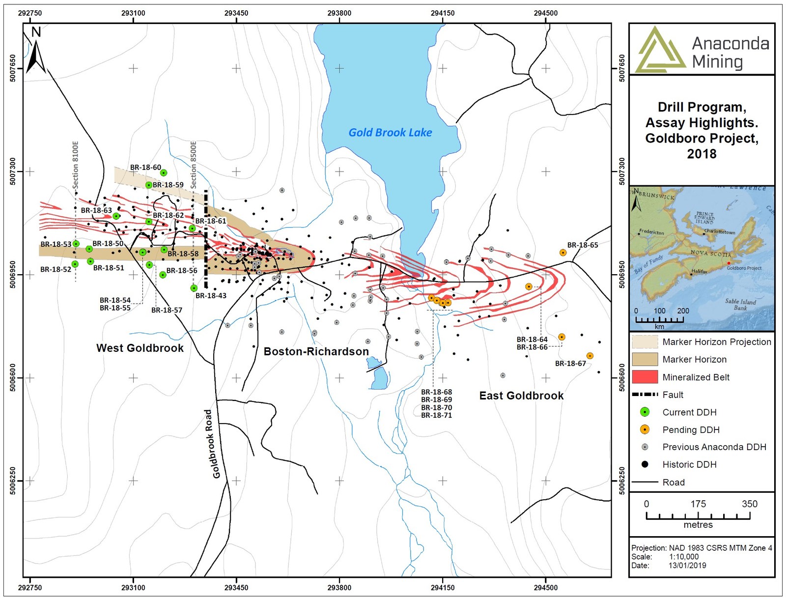 Exhibit A. A map showing the location of the three mineralized systems of the Goldboro Gold Deposit over a strike length of 1.7 km, the location of the Marker Horizon projected to surface and the location of drill holes reported in this press release and those pending for the remainder of the 10,000-metre drill program.