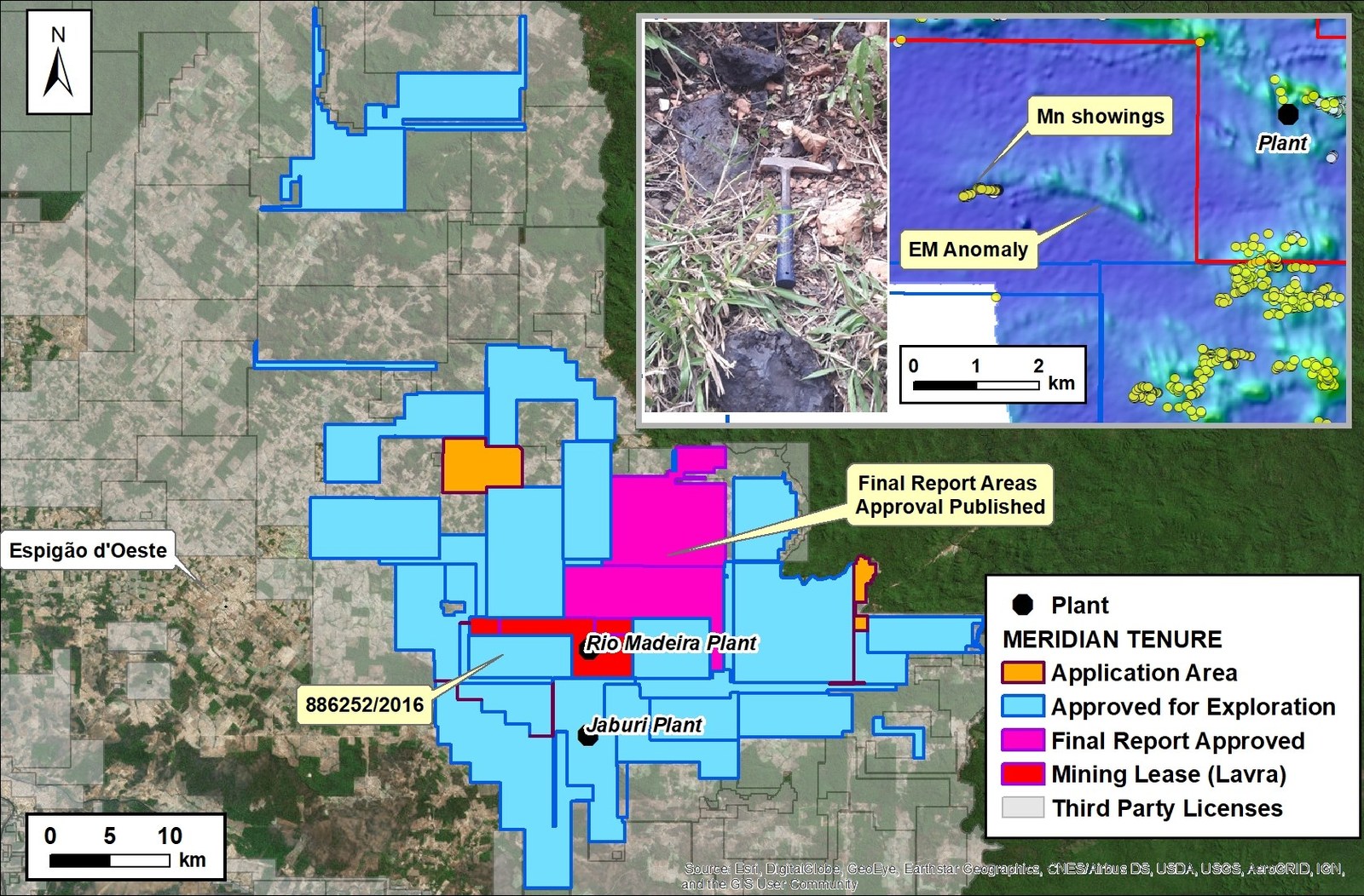 Figure 1: Map of the licences at the Espigão do Oeste manganese operations. The two final report licence areas north of the current mining lease are highlighted.  The newly approved exploration licence 886252/2016 is shown also in the inset, with manganese occurrences are shown in yellow.