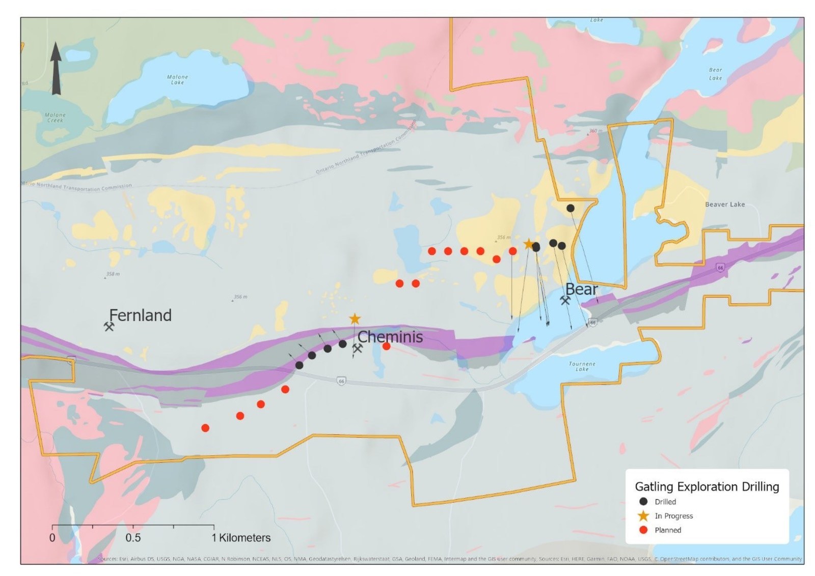 Figure 3. Larder Gold Project surface drilling status map showing local geology.