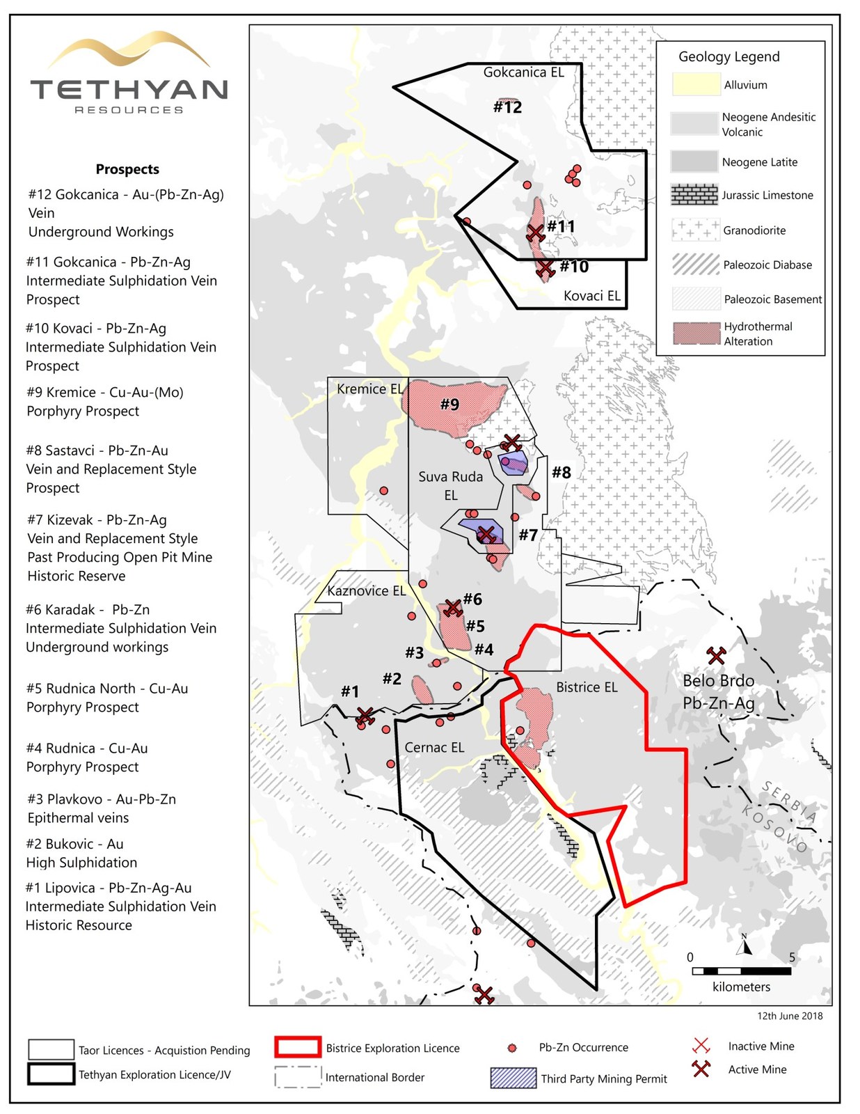 Figure 2: The Bistrice exploration license and other Tethyan exploration licenses shown over the local geology and mineral occurrences of the northern 'Trepca' mining district.