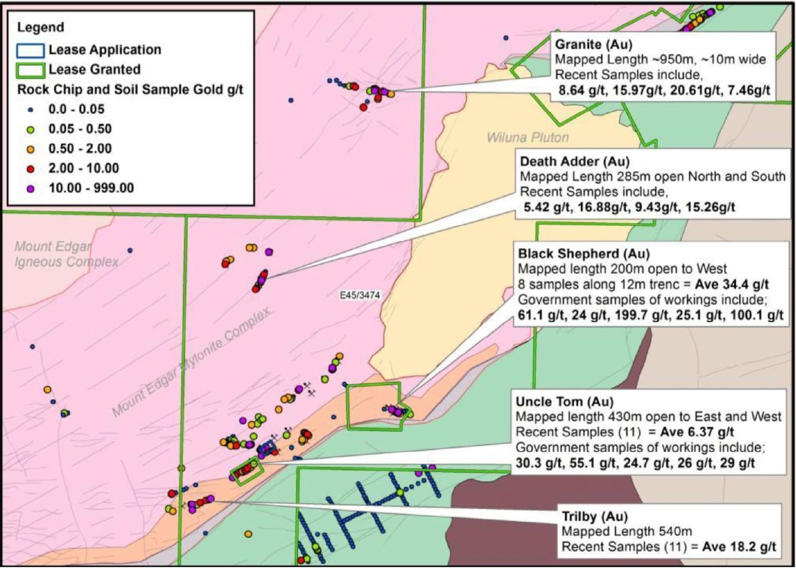 Figure 1. Pacton's Yandicoogina Project. Note: Geology, historic locations and grades were obtained from Western Australia Geological Survey archives. Grades noted in Figure 1, and historic mine production statistics of 198.8 kg from 3,232 t of ore yielding an average grade of 61.52 g/t gold do not conform to current disclosure standards, and are not to be relied upon.