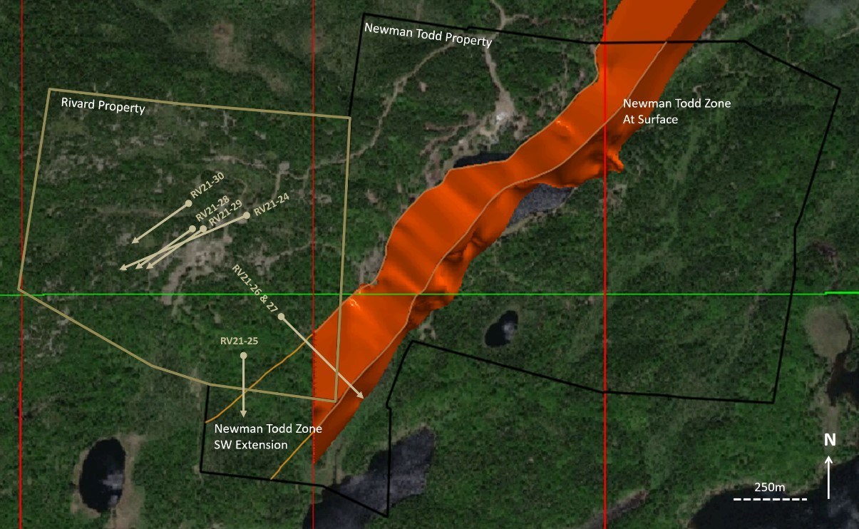 Figure 2:  Rivard and Newman Todd drill hole location plan showing surface projection of Newman Todd Zone. (CNW Group/Trillium Gold Mines Inc.)