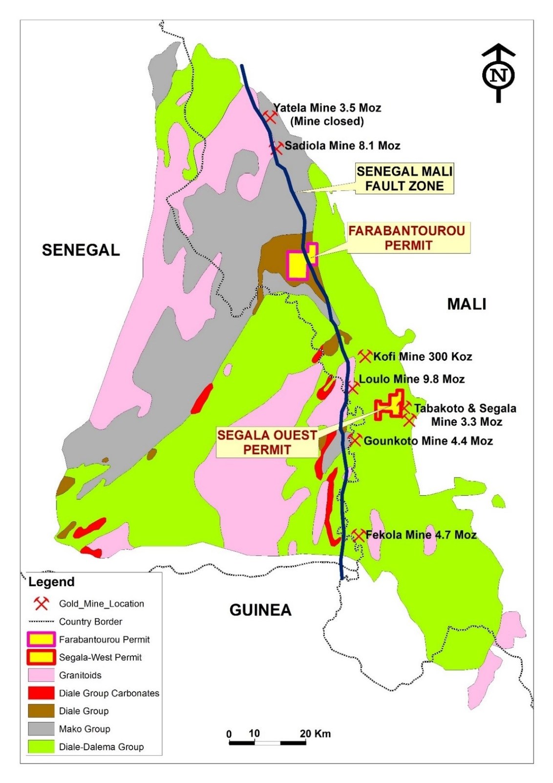 Figure 1: Location of Desert Gold's Farabantourou and Segala Ouest gold projects in western Mali