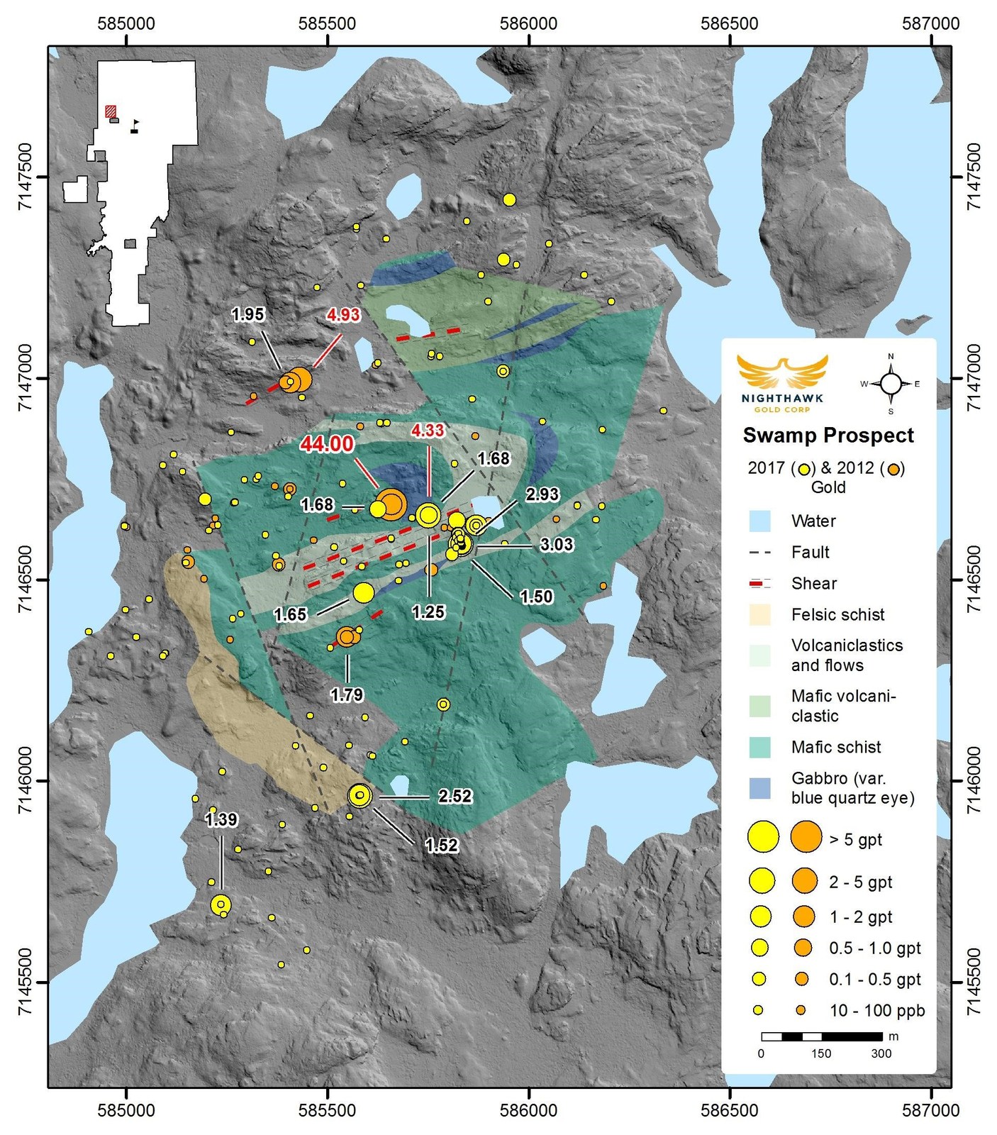 Figure 3.  Swamp Prospect Location Map and Select Notable Surface Sampling Results
