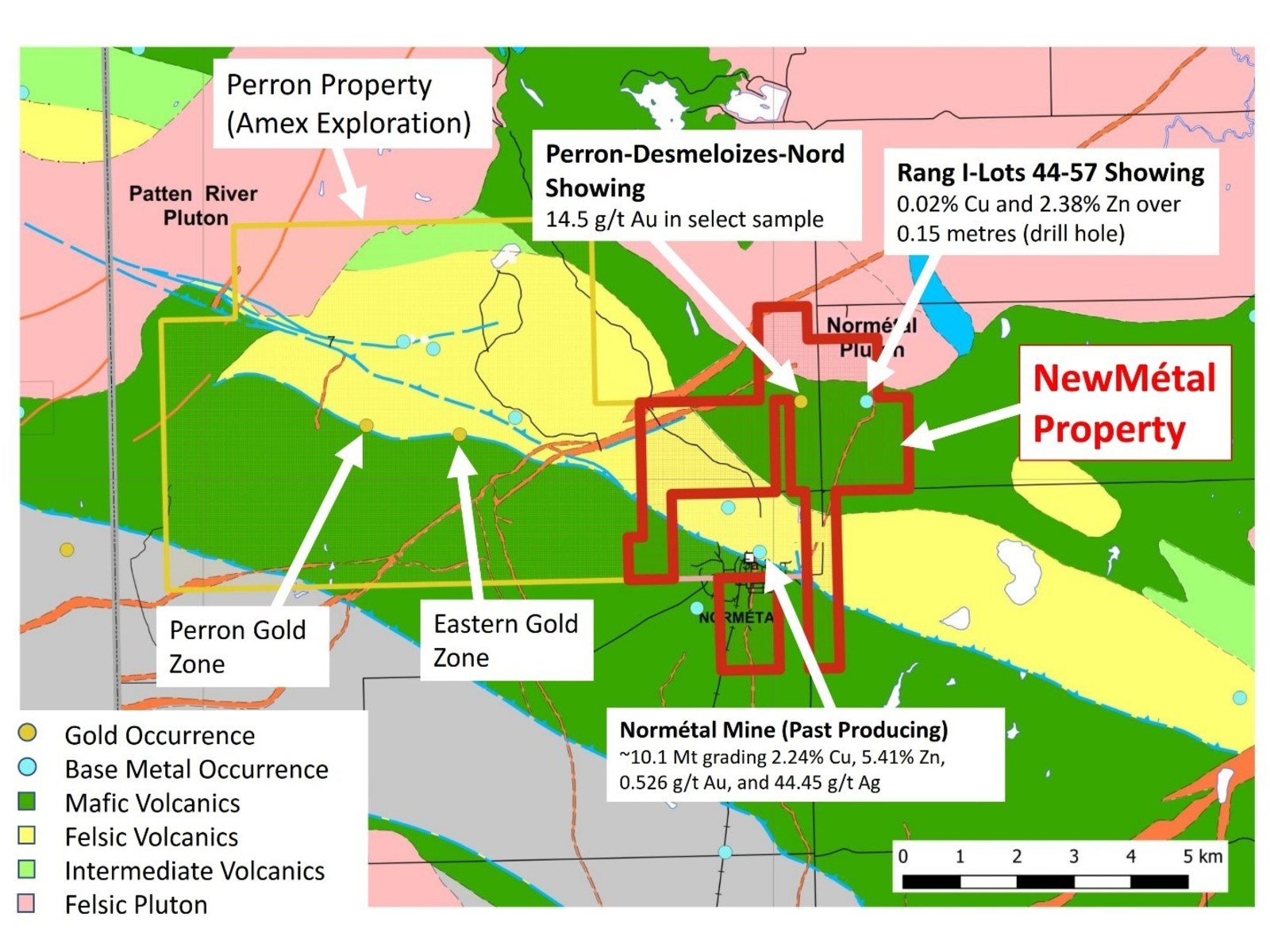 Figure 2: Regional Geological Map of the NewMétal Property with respect to Amex Exploration’s Perron Property and the past producing Normétal Mine