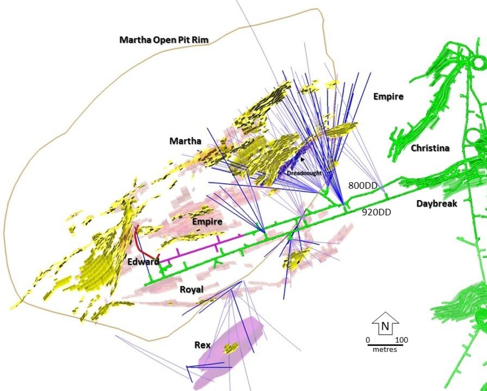 Figure 2 – Plan View showing drill holes within the Martha vein system and the dominant targeted veins as well as the new Dreadnought vein. Pink = Main Target Areas, Yellow = Current Martha Underground Resource Areas, Green = Recent and Current Mining Areas.