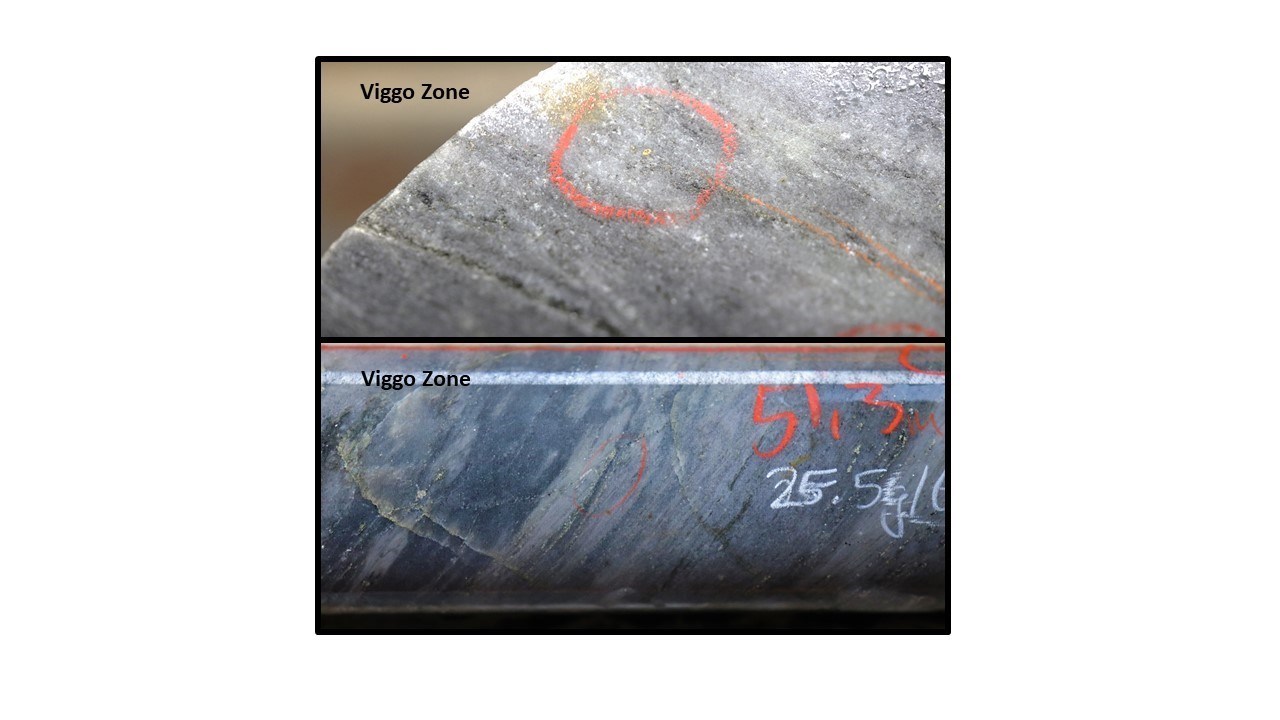 Figure 5: Examples of quartz-sericite-albite alteration with disseminated visible gold from the Viggo Zone.  The photos are of selected intervals and are not representative of the mineralization hosted on the property. (CNW Group/Great Bear Resources Ltd.)