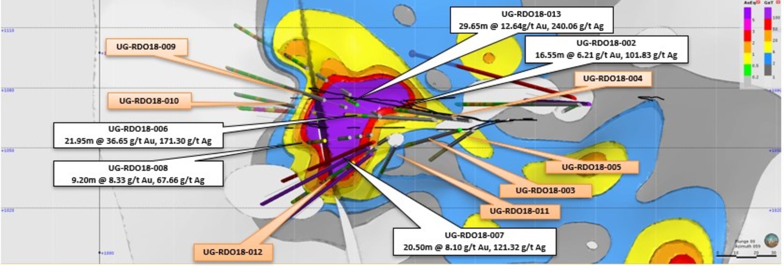 Figure 1 – Longitudinal Section Looking NE - Rey de Oro Offset vein target & grade x thickness map