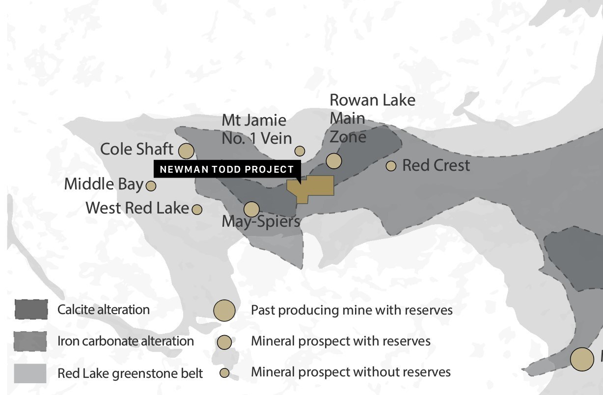Figure 4:  Location of the Rivard and Newman Todd Properties now owned 100% by Trillium Gold Mines, including producing and past producing mines, mineral prospects, as well as the Red Lake Greenstone belt, geology and alteration packages. (CNW Group/Trillium Gold Mines Inc.)