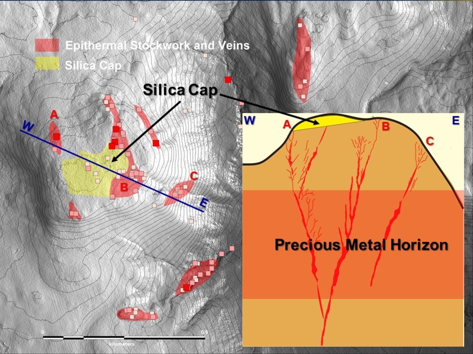 Map of the discovery area of the Highway Zone at Shot Rock showing relative position of the newly identified Silica Cap to zones of quartz veining. Inset: Model cross- section of the discovery area.