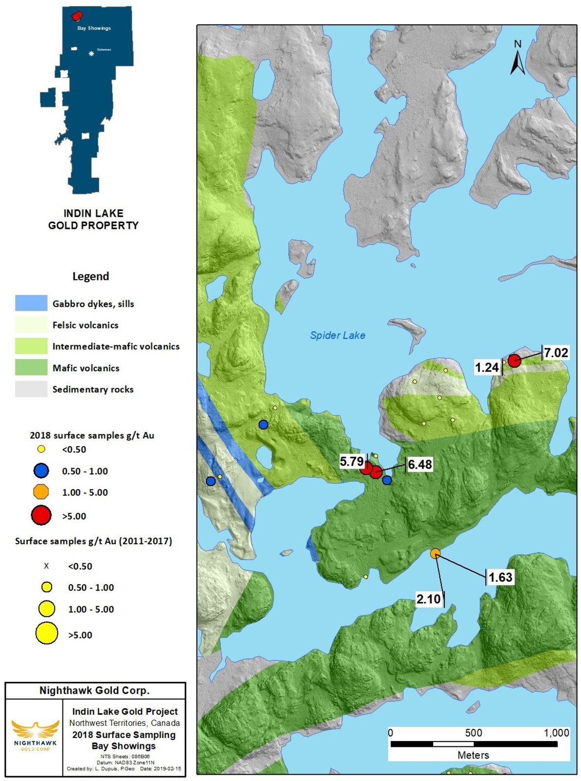 Figure 6. Bay Showings Location Map and Select Surface Sample Results