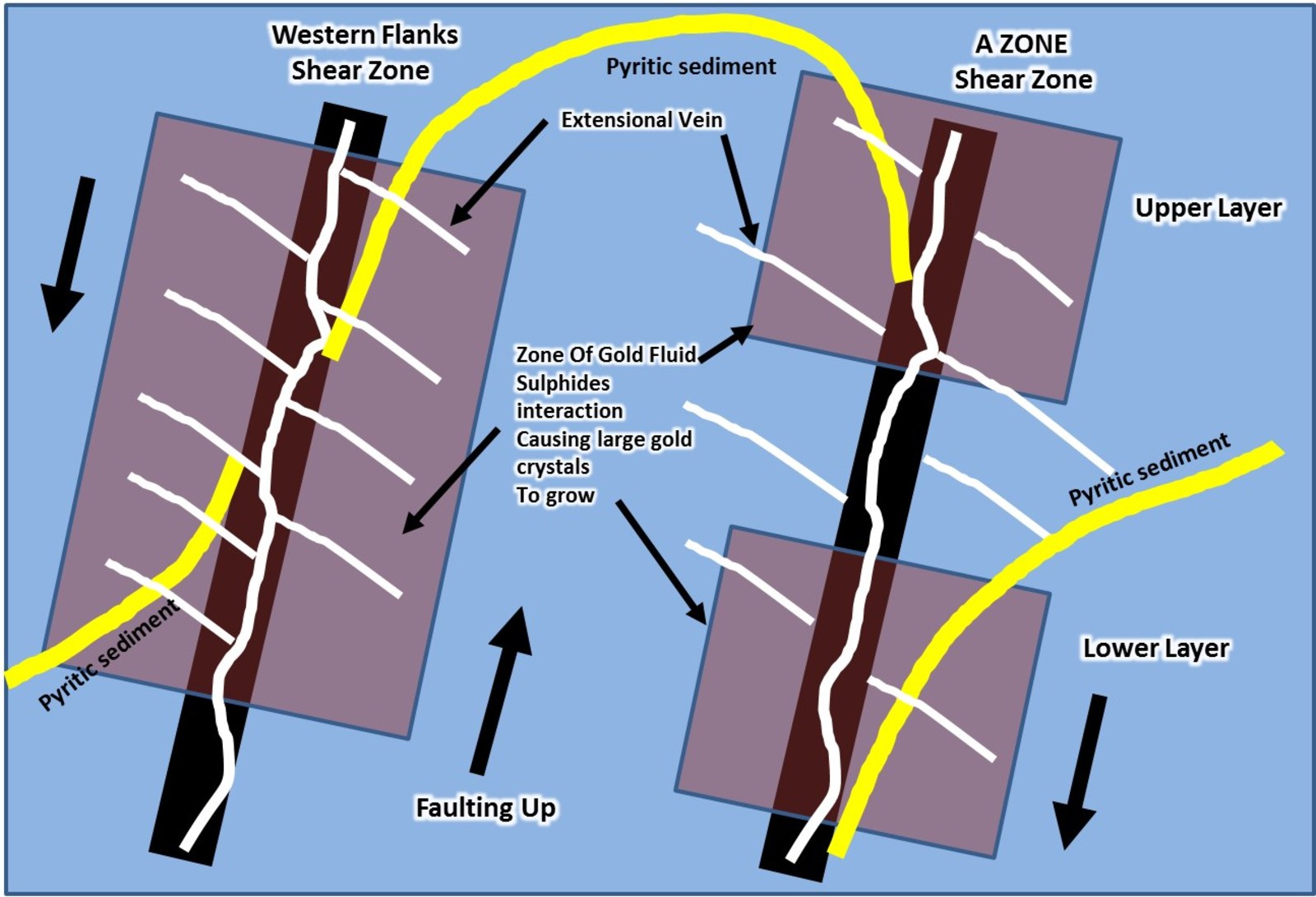Figure 4: Preliminary conceptual structural model looking north along strike of the regional shear zones, showing pyritic sediments interface with A Zone & Western Flanks shear zones