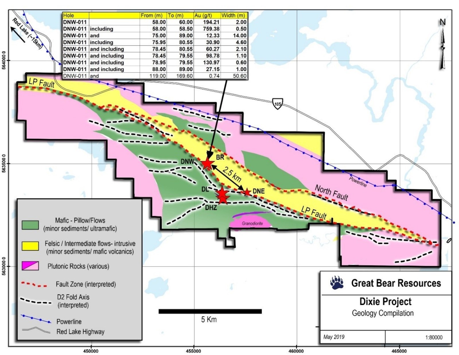 Figure 1: Map of the Dixie project showing the location of known gold zones and current drill results.  The location of the LP Fault drilled in DNW-011 is shown in red dashes.  The Bear-Rimini Zone is labelled “BR”.