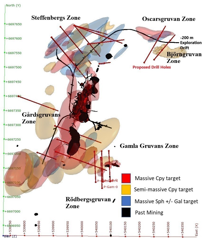 Figure 1: Plan View of Mineralized Zones at Tomtebo Mine (CNW Group/District Metals Corp.)