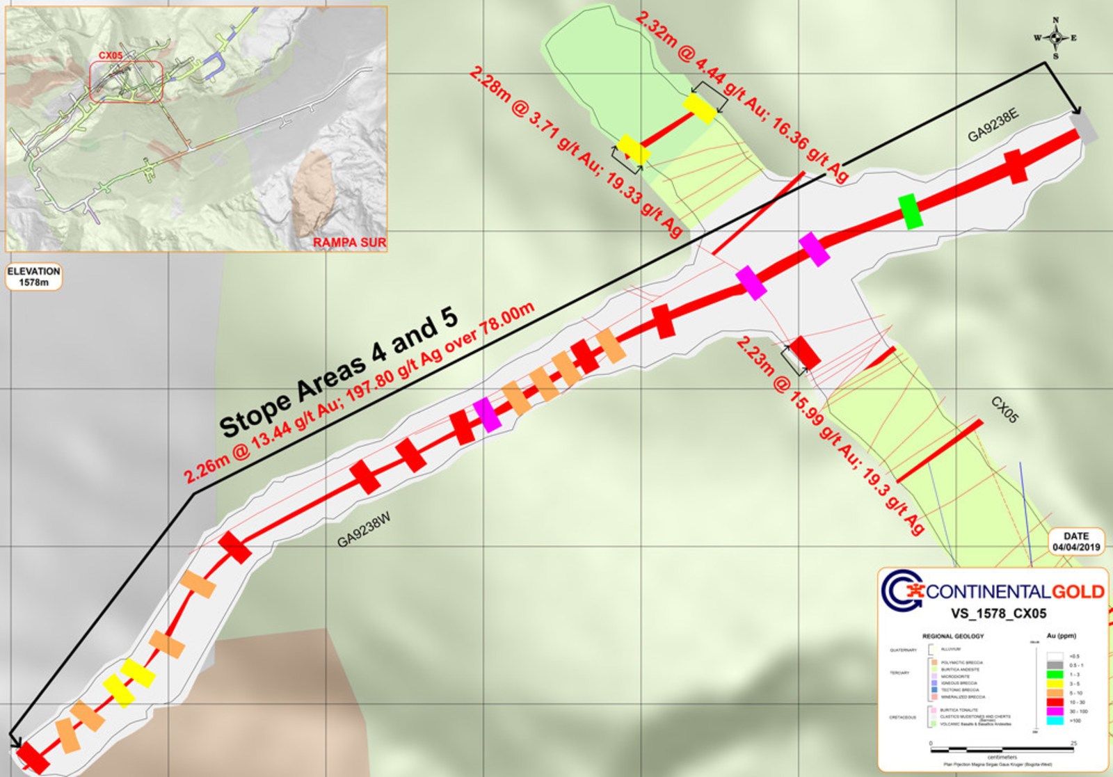 Figure 3 – Stope Areas 4 and 5 located in the Central Portion of the Veta Sur System at 1,578 RL